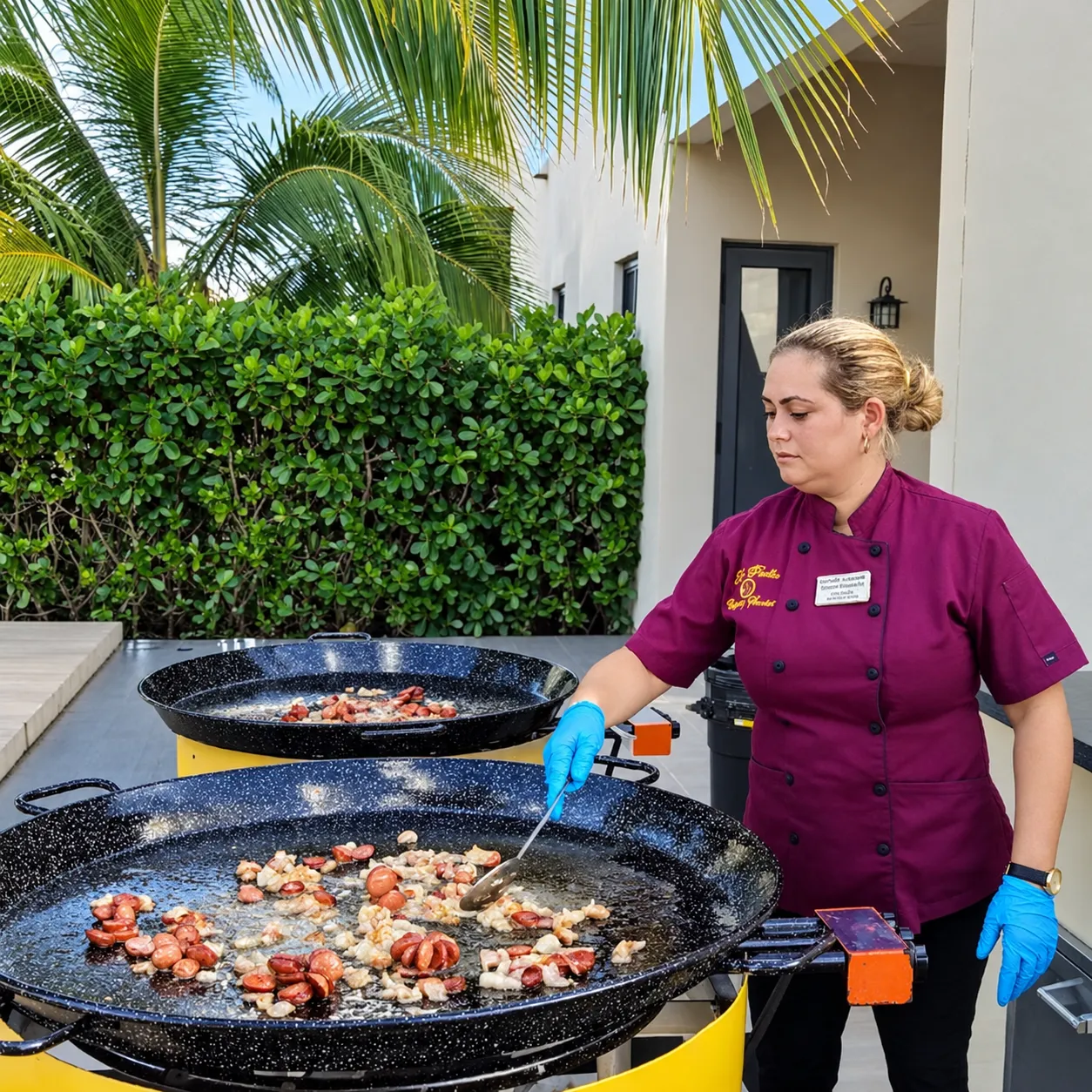 Chef Islaydis in a purple chef coat and blue gloves stirring ingredients in a large paella pan outdoors.