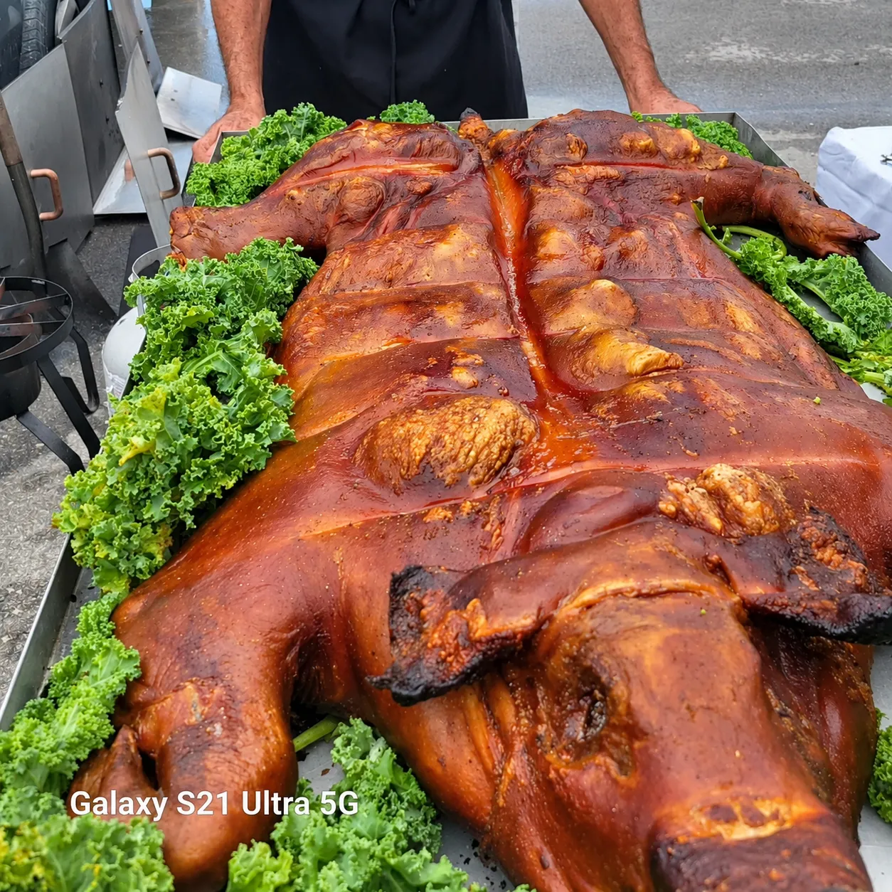 Close view of whole roasted lechón garnished with greens on a metal platter