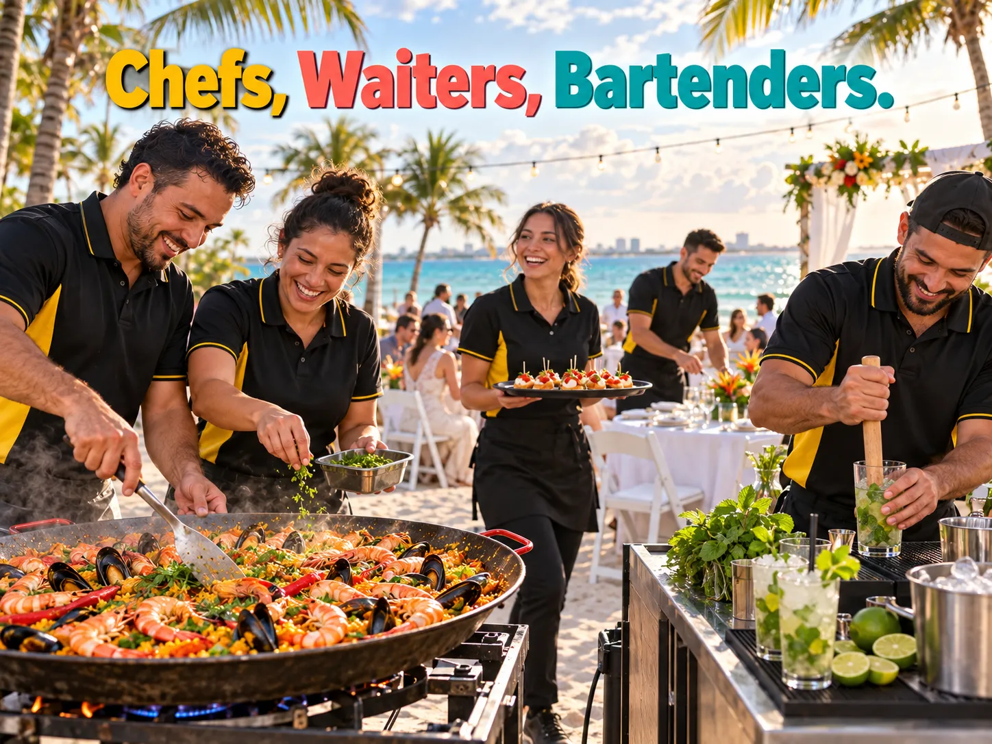 AI-generated Don Paella chefs, waiters and bartender in black-and-yellow polos cooking paella and making mojitos at a beach wedding.
