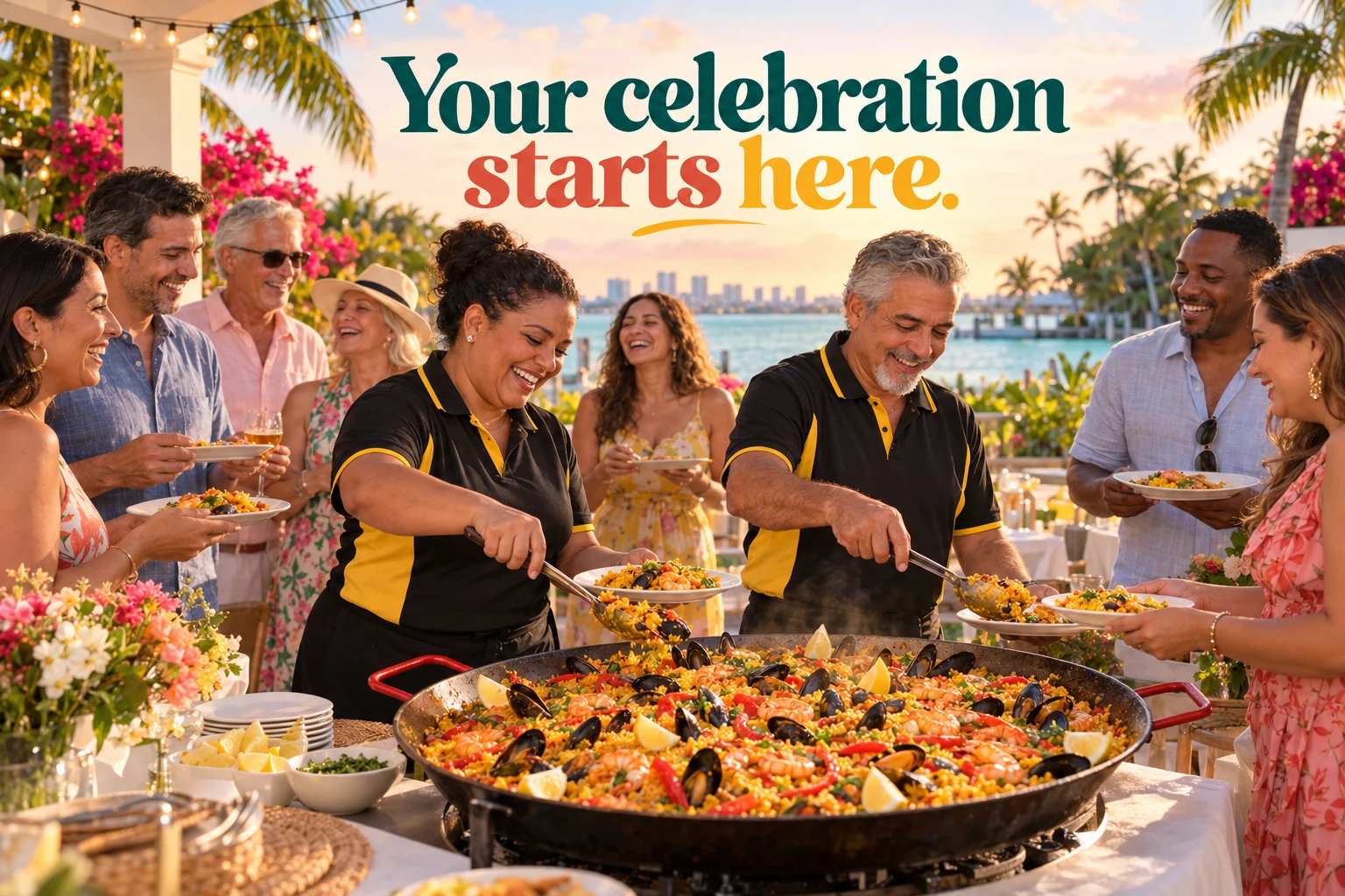 AI-generated tropical celebration with guests, paella and chefs in black and yellow uniforms. Your celebration starts here.