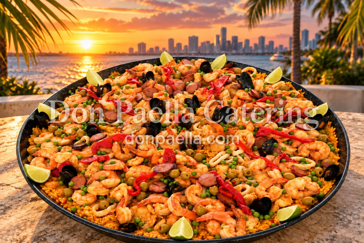 Don Paella Seafood Paella Valenciana with shrimp, mussels and lime wedges against an AI-enhanced Miami sunset backdrop.