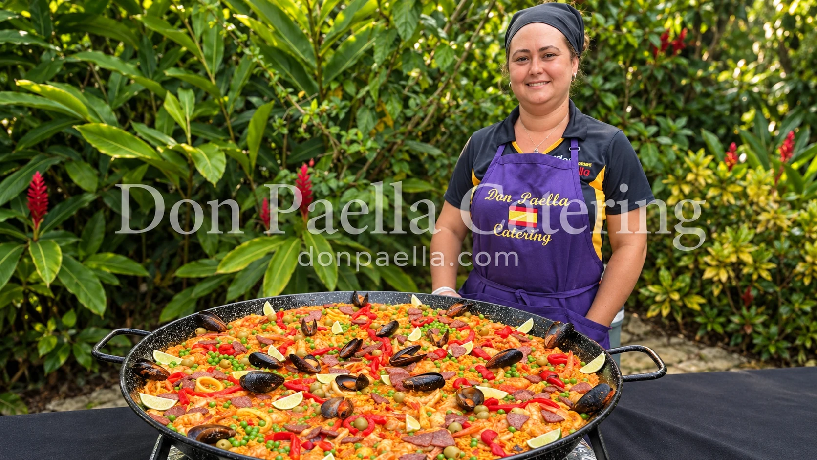 Don Paella Catering chef with a large seafood paella in a tropical garden.
