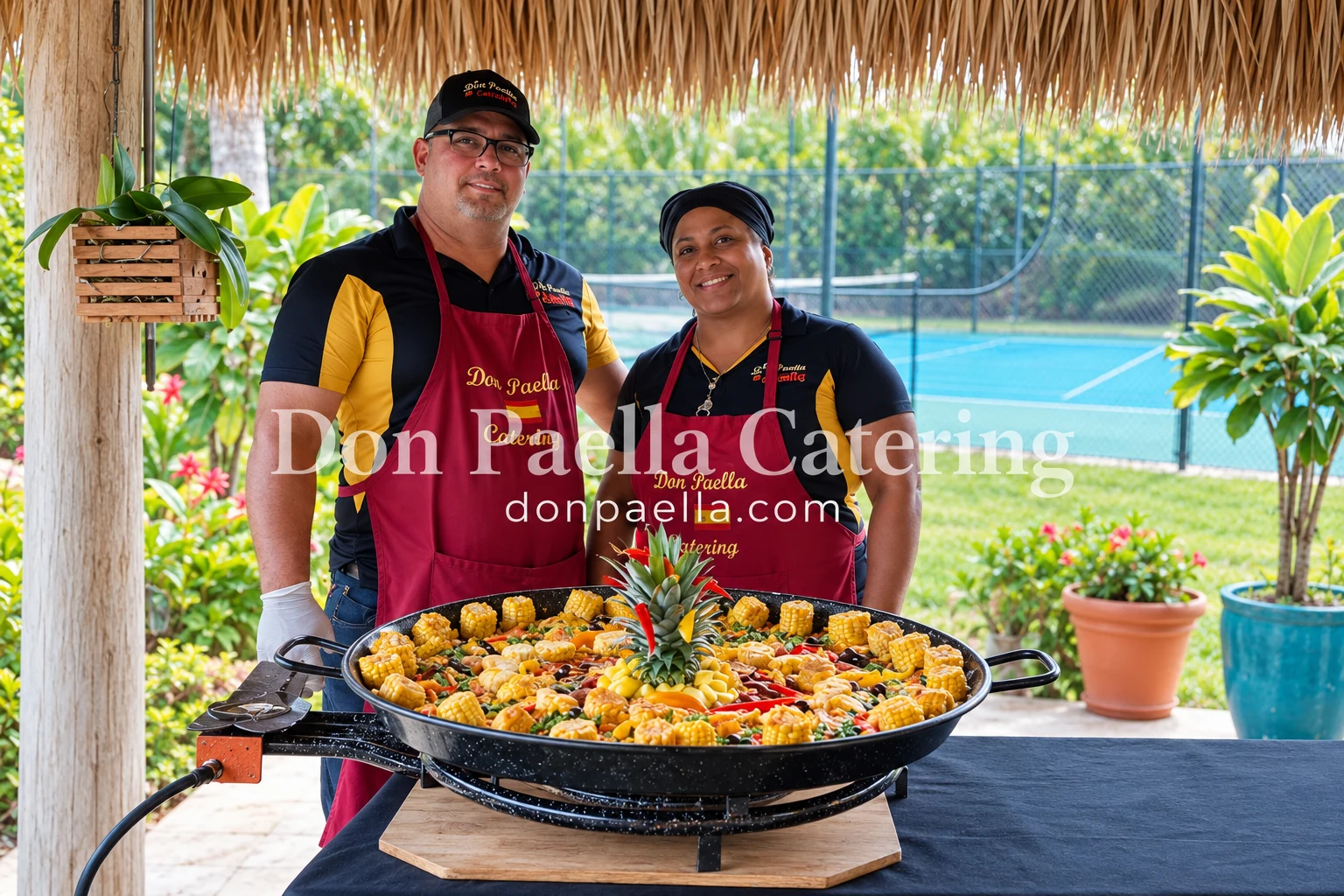 Two Don Paella Catering team members with a large paella under a tropical tiki pavilion.