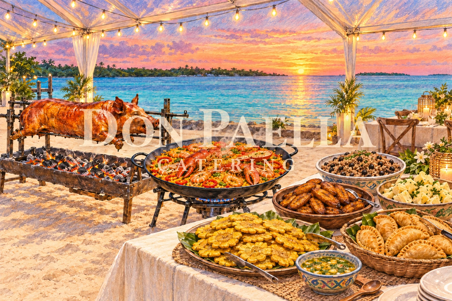 Colored-pencil illustration of Don Paella catering with roast pig, lobster paella and Cuban sides under a clear-top tent at a Florida Keys sunset.
