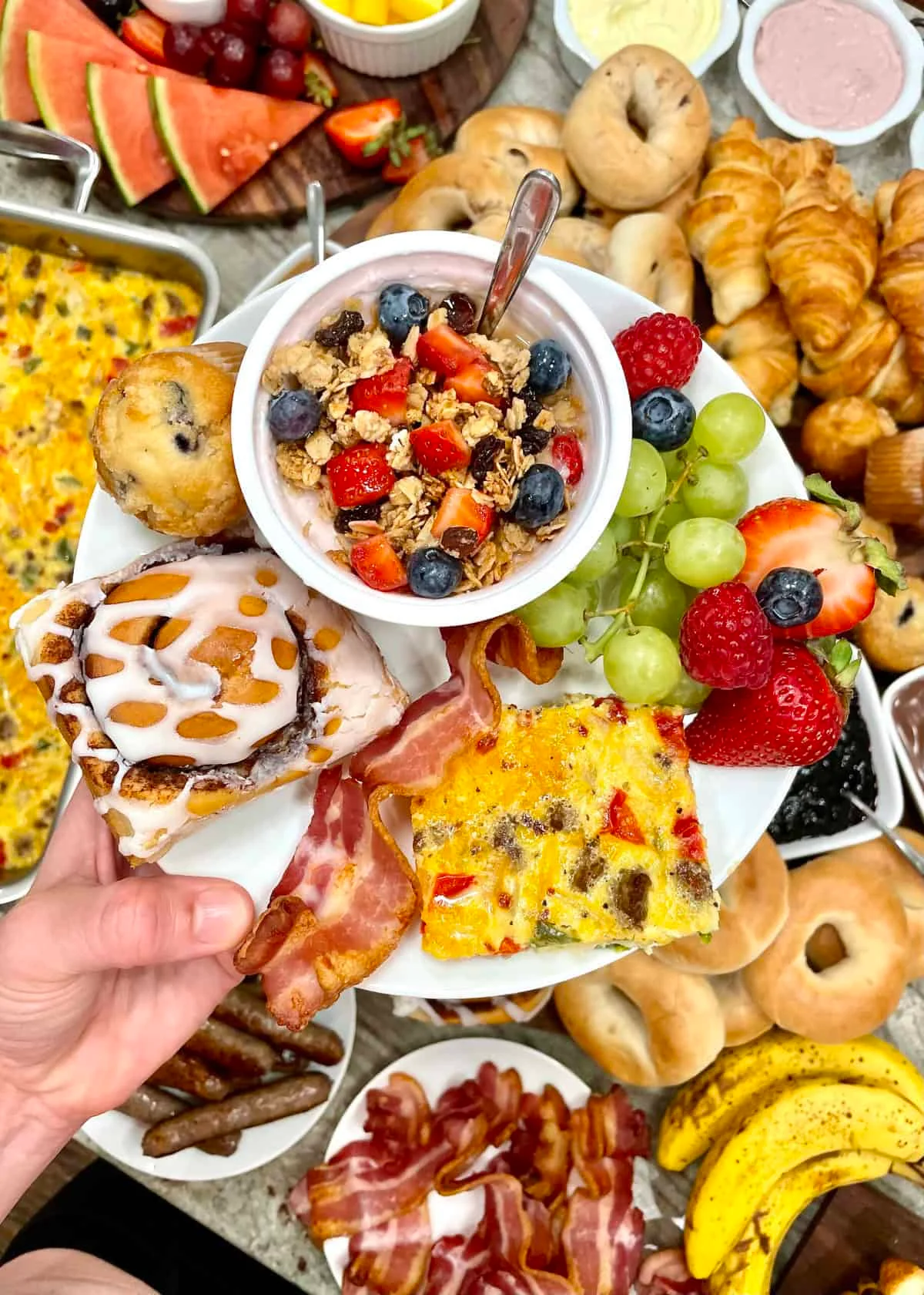 A table full of brunch dishes