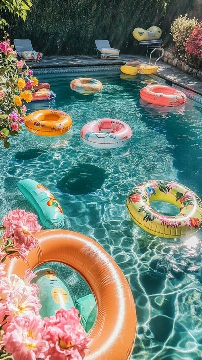A swimming pool with colourful floats at the weekend lodging
