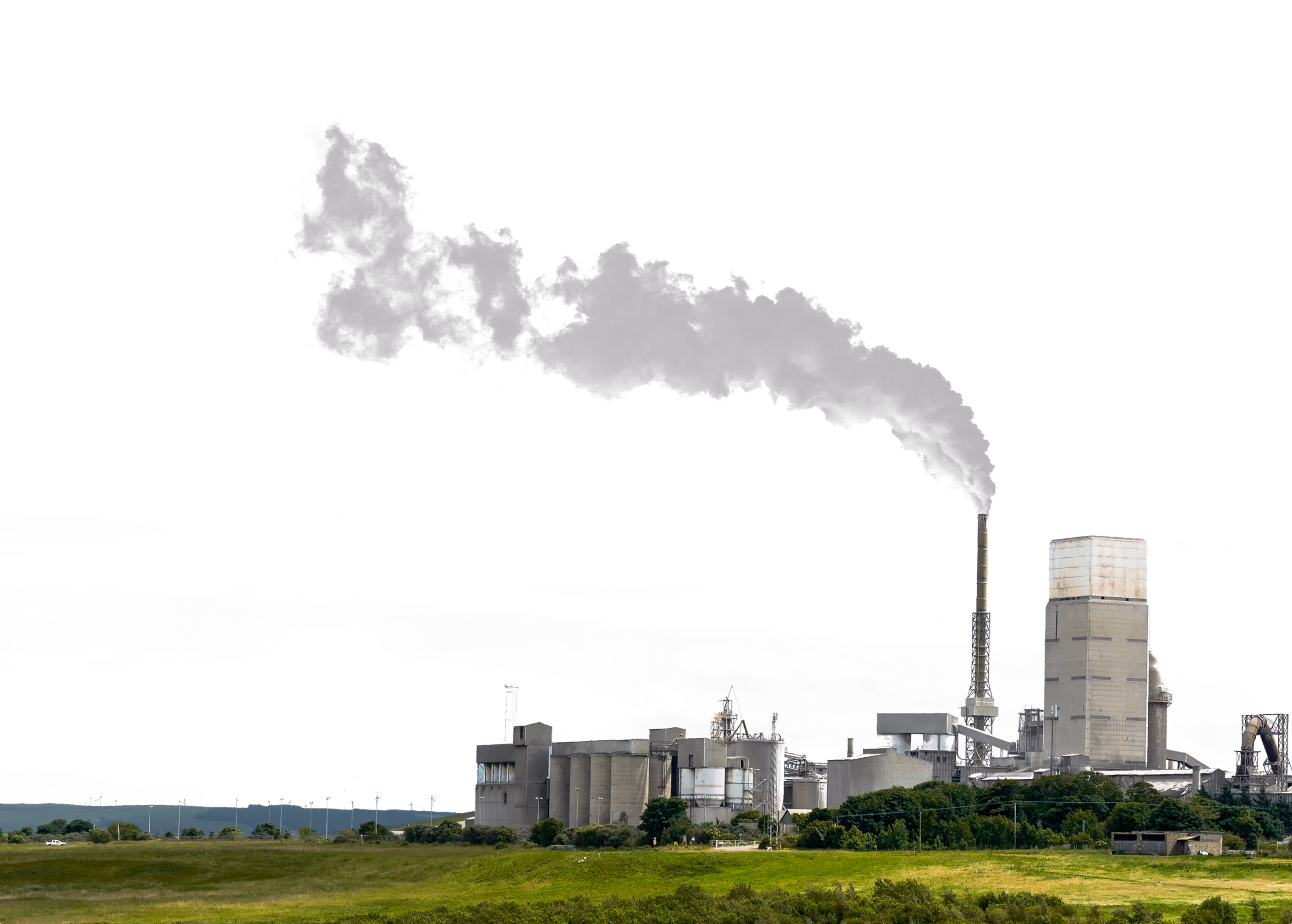 Industrial plant emitting flue gas beside treeline