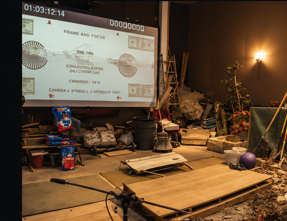 Foley stage with props and recording surfaces