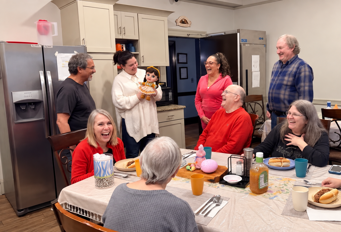 Seniors laughing together around a table as Joy is introduced at an assisted living community