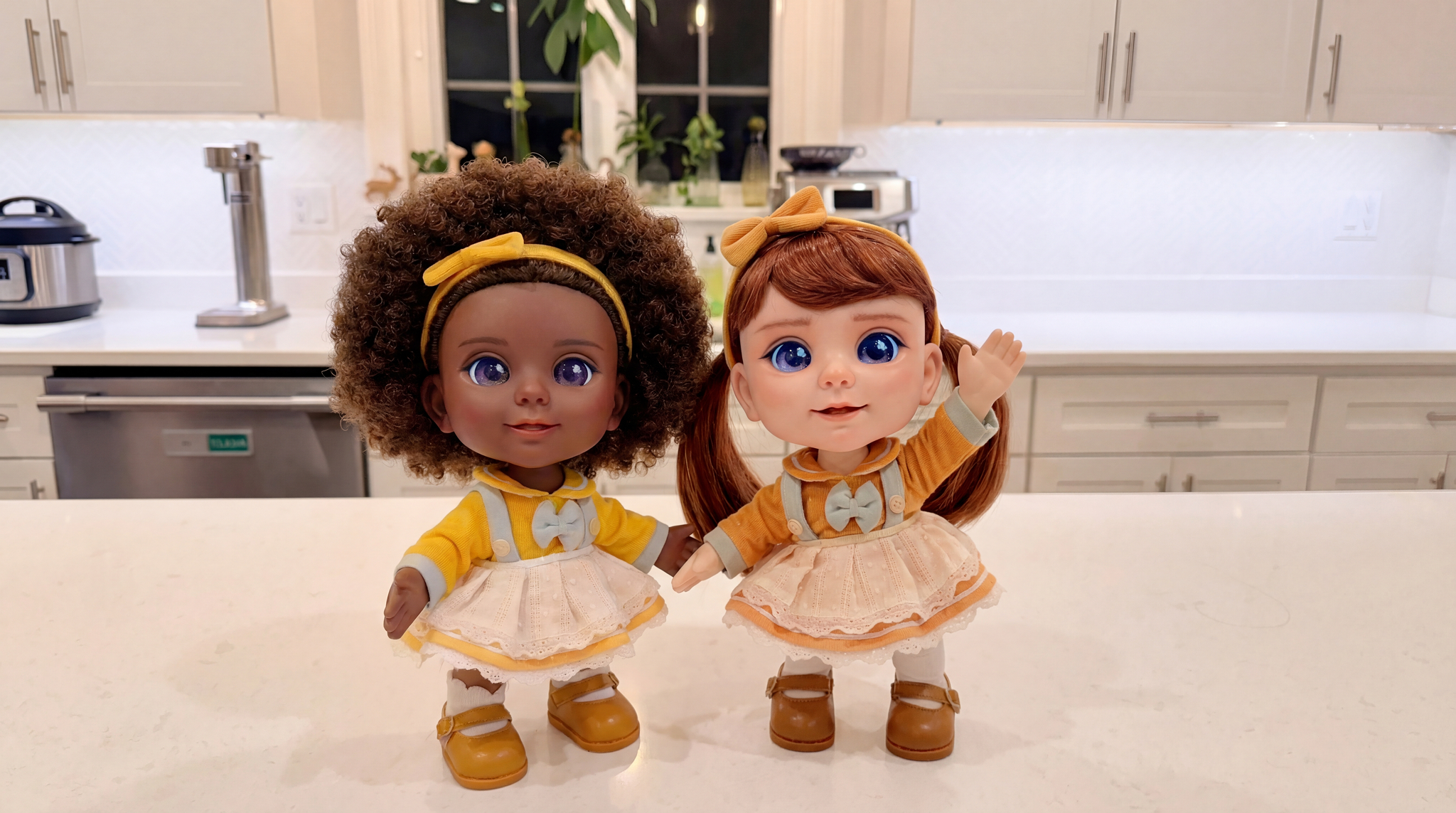 Two Joy companion robots on a kitchen counter, one waving