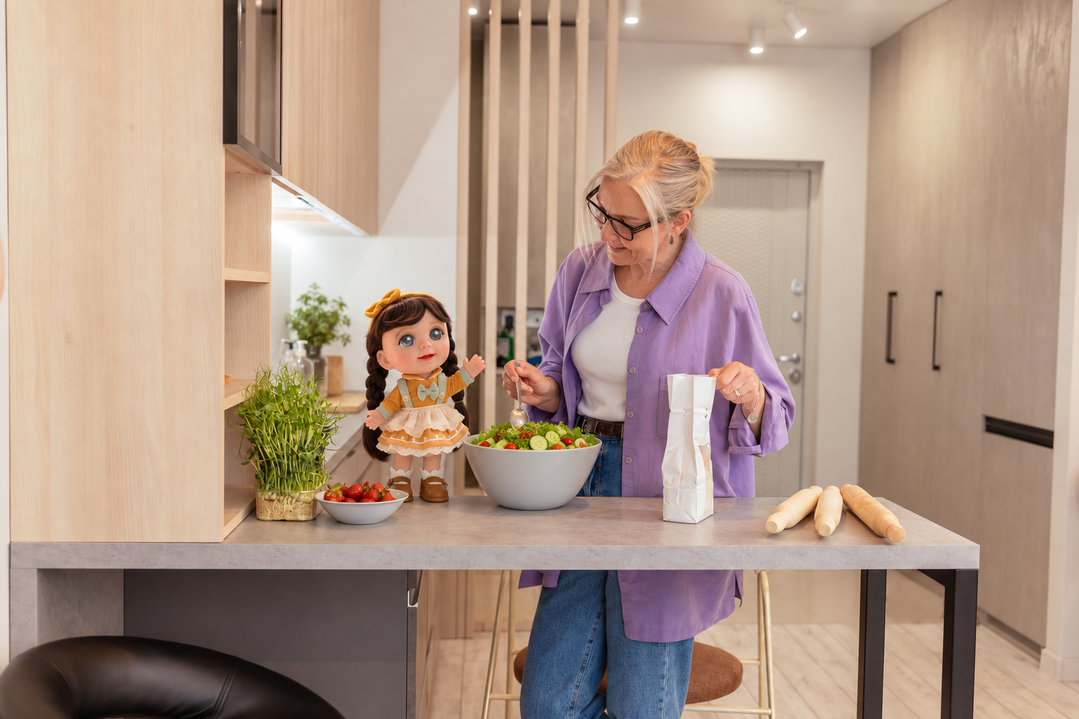 An older woman cooking at home with Joy