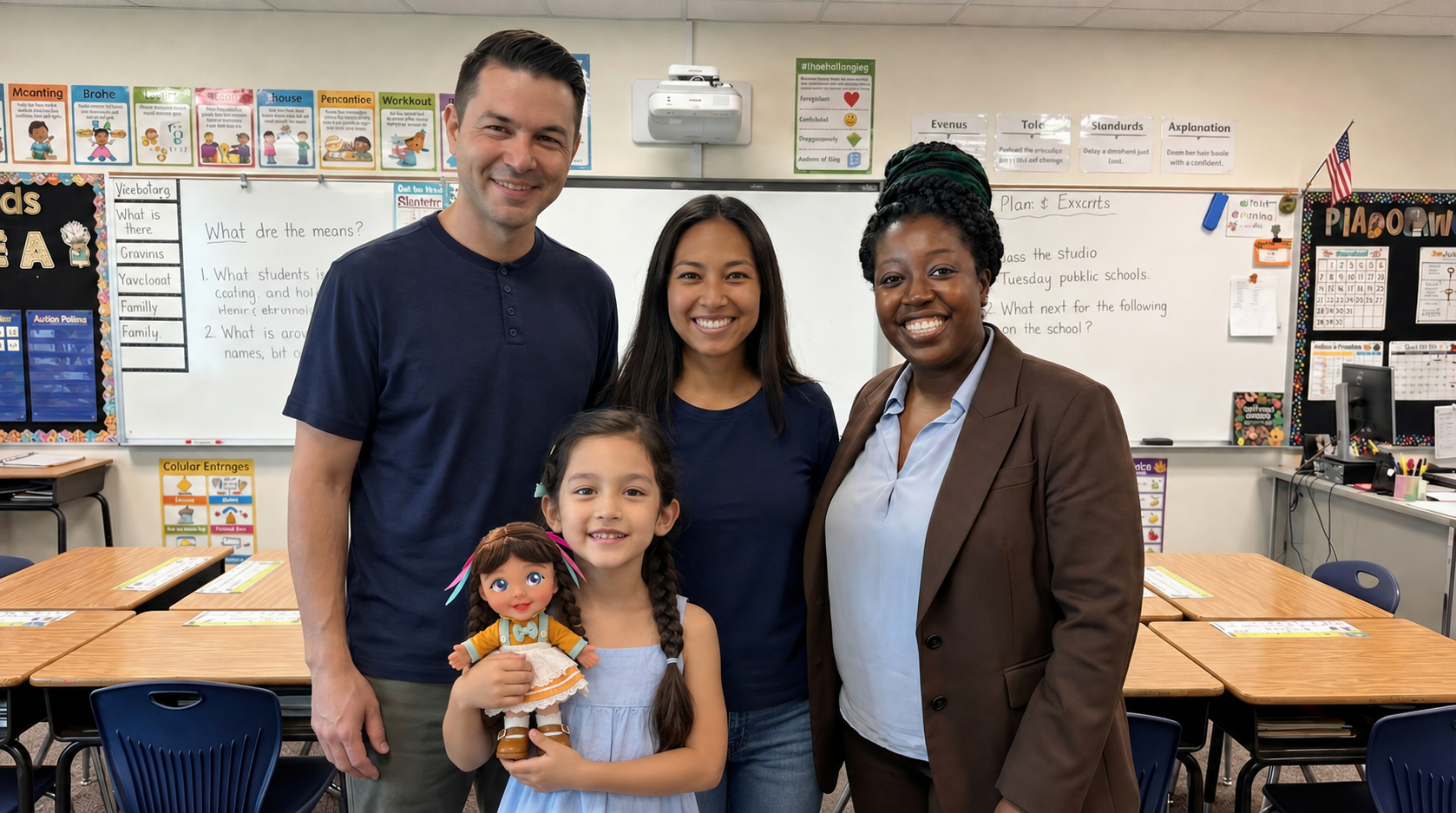 A student with Joy, her parents and her teacher in the classroom