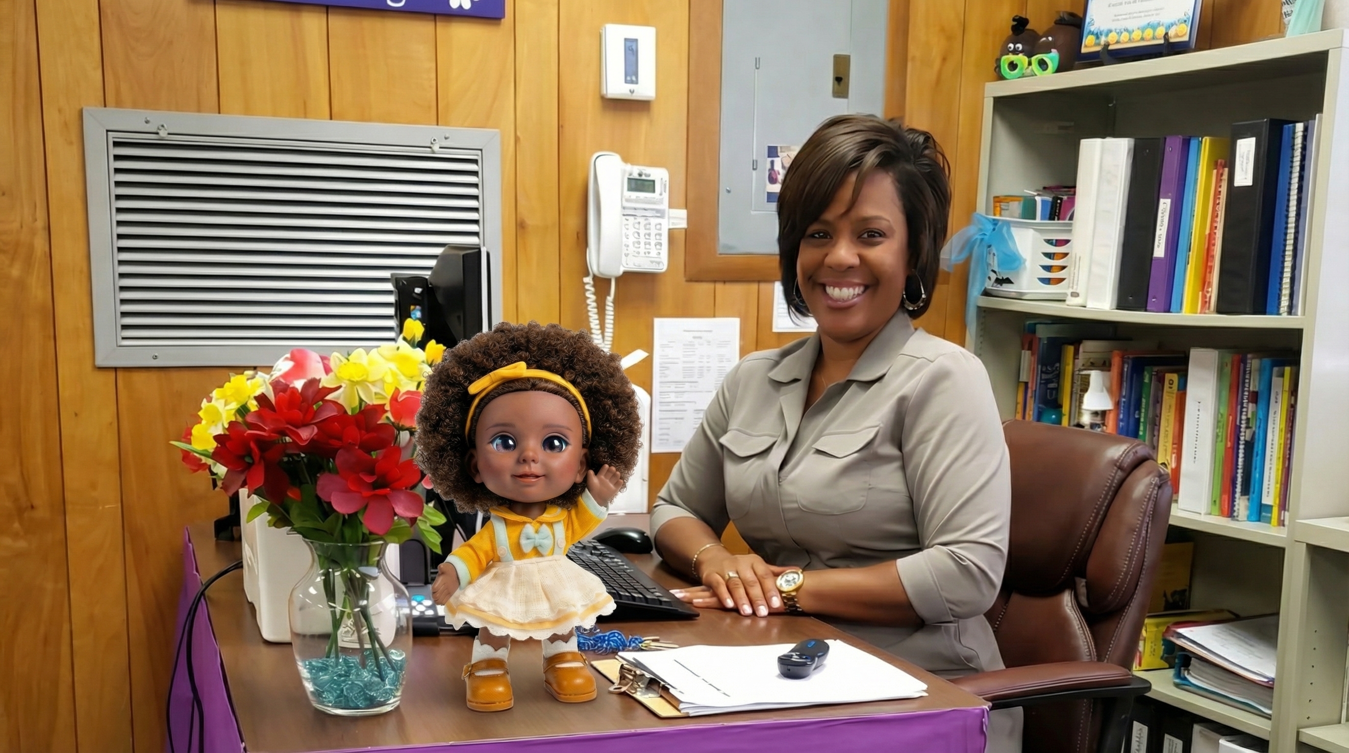 A smiling teacher at her desk with Joy