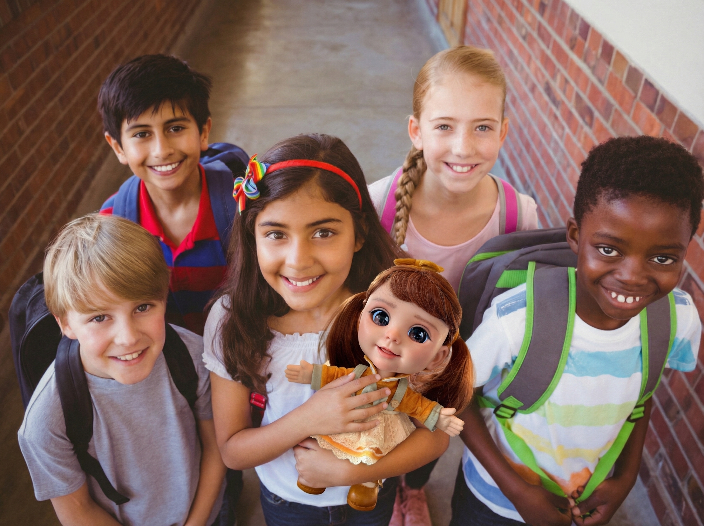 Smiling classmates gathered around Joy in a school hallway