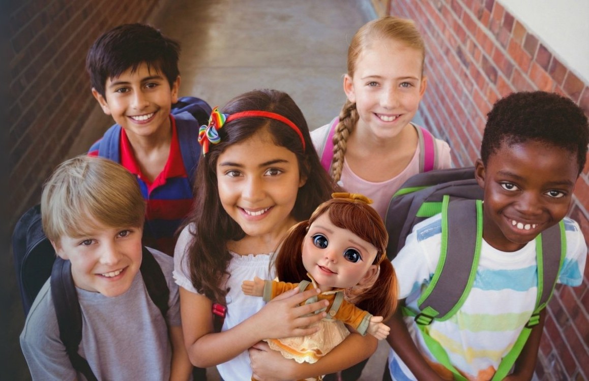 Smiling students holding Joy, Spiritify's AI companion robot