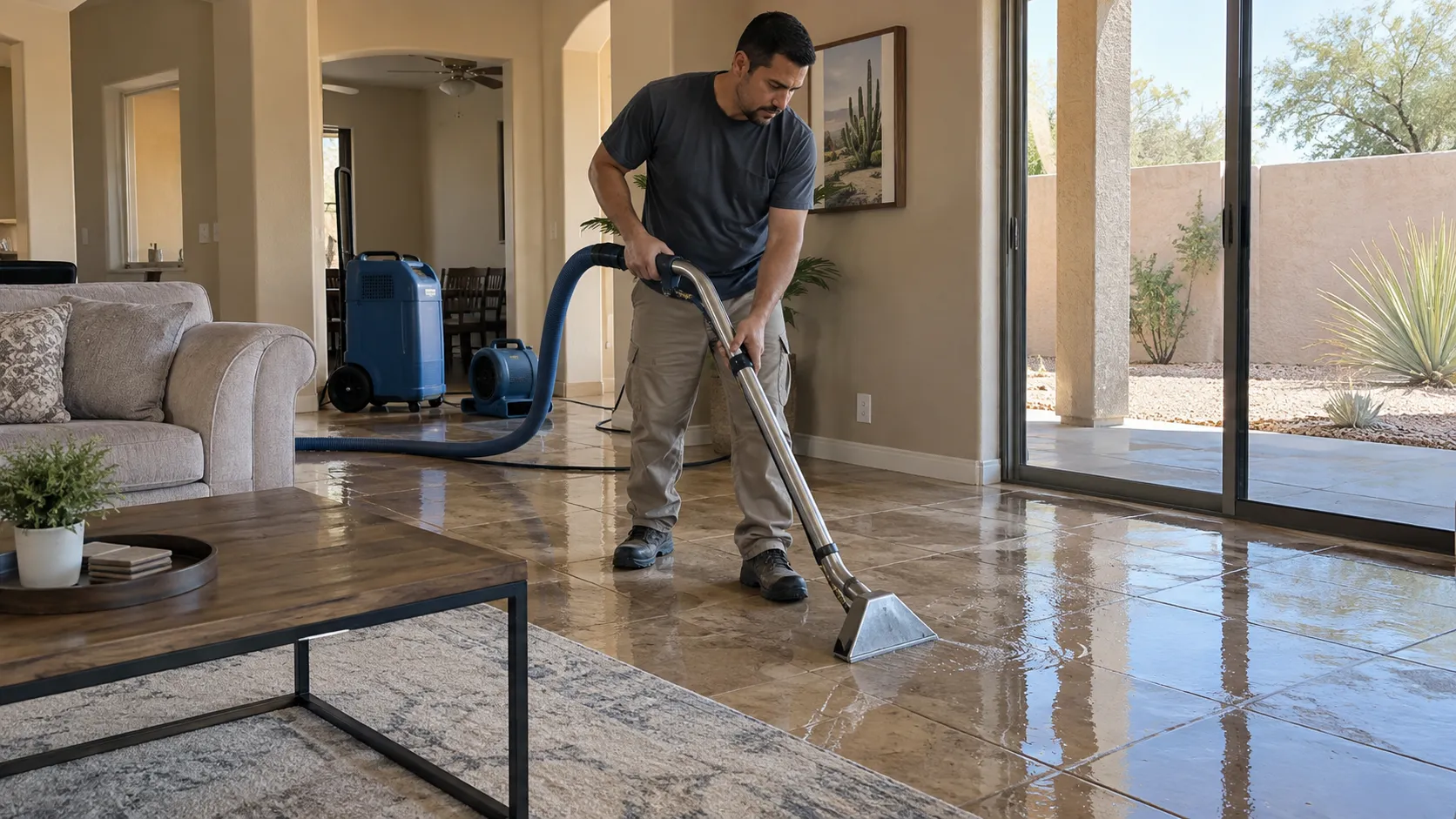 Technician extracting water from tile flooring in a Southwestern home. Illustration of restoration services in Phoenix.