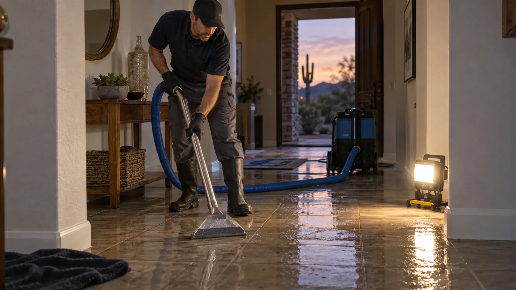 Technician extracts water from a tiled hallway at dusk. Illustration of Emergency Flood Cleanup for Phoenix properties.
