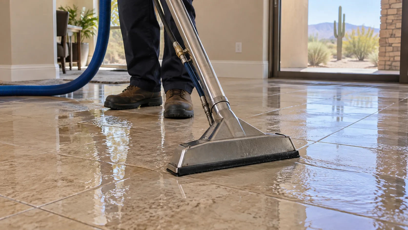 Extraction wand removes shallow water from beige tile flooring. Illustration of Floodwater Extraction for Phoenix properties.