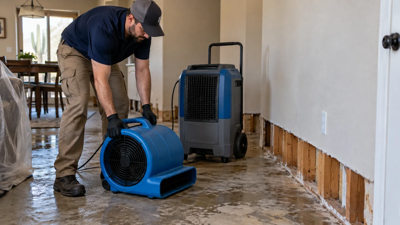 Technician positions an air mover beside an opened lower wall and dehumidifier. Illustration of Flood Damage Mitigation for Gilbert properties.