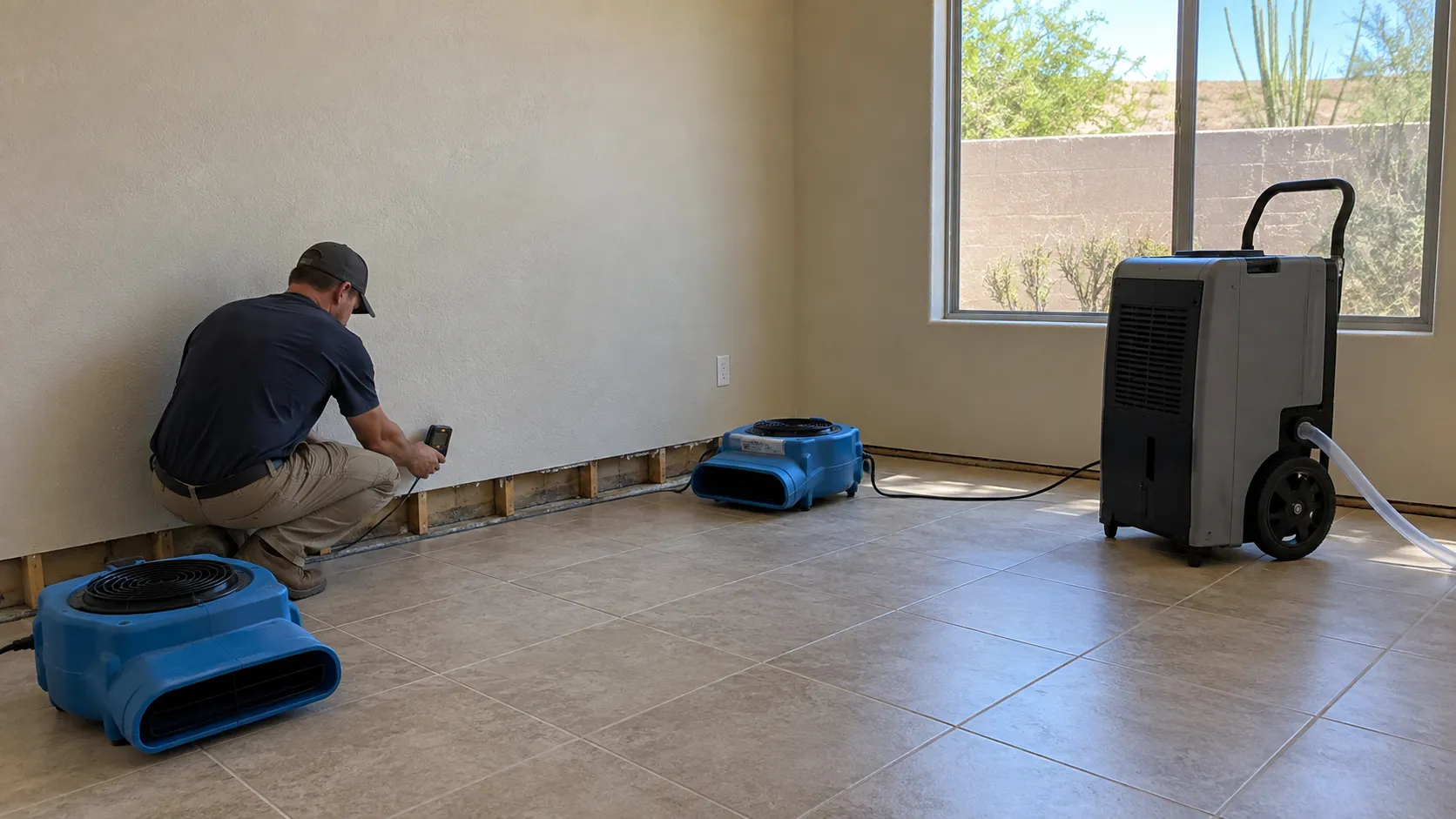 A technician measures wall moisture beside two air movers and a dehumidifier in a room with exposed lower-wall framing. Illustration of Structural Drying & Dehumidification for Phoenix properties.