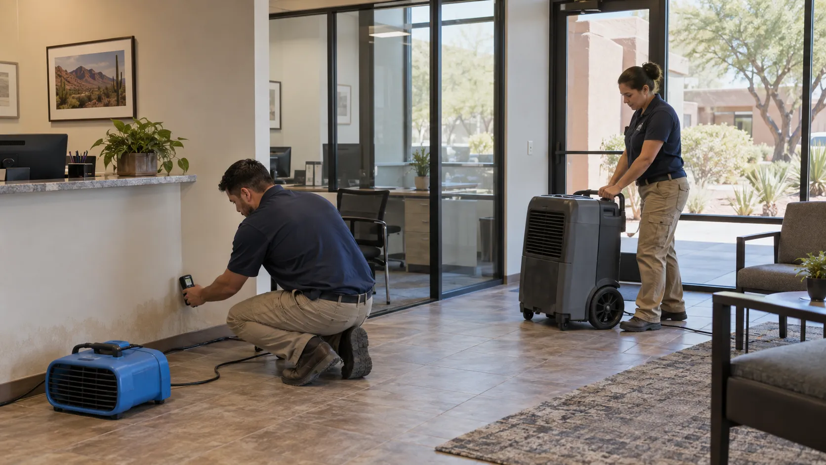 Two technicians assess a damp office wall and position drying equipment in a reception area. Illustration of Commercial Flood Restoration for Phoenix properties.