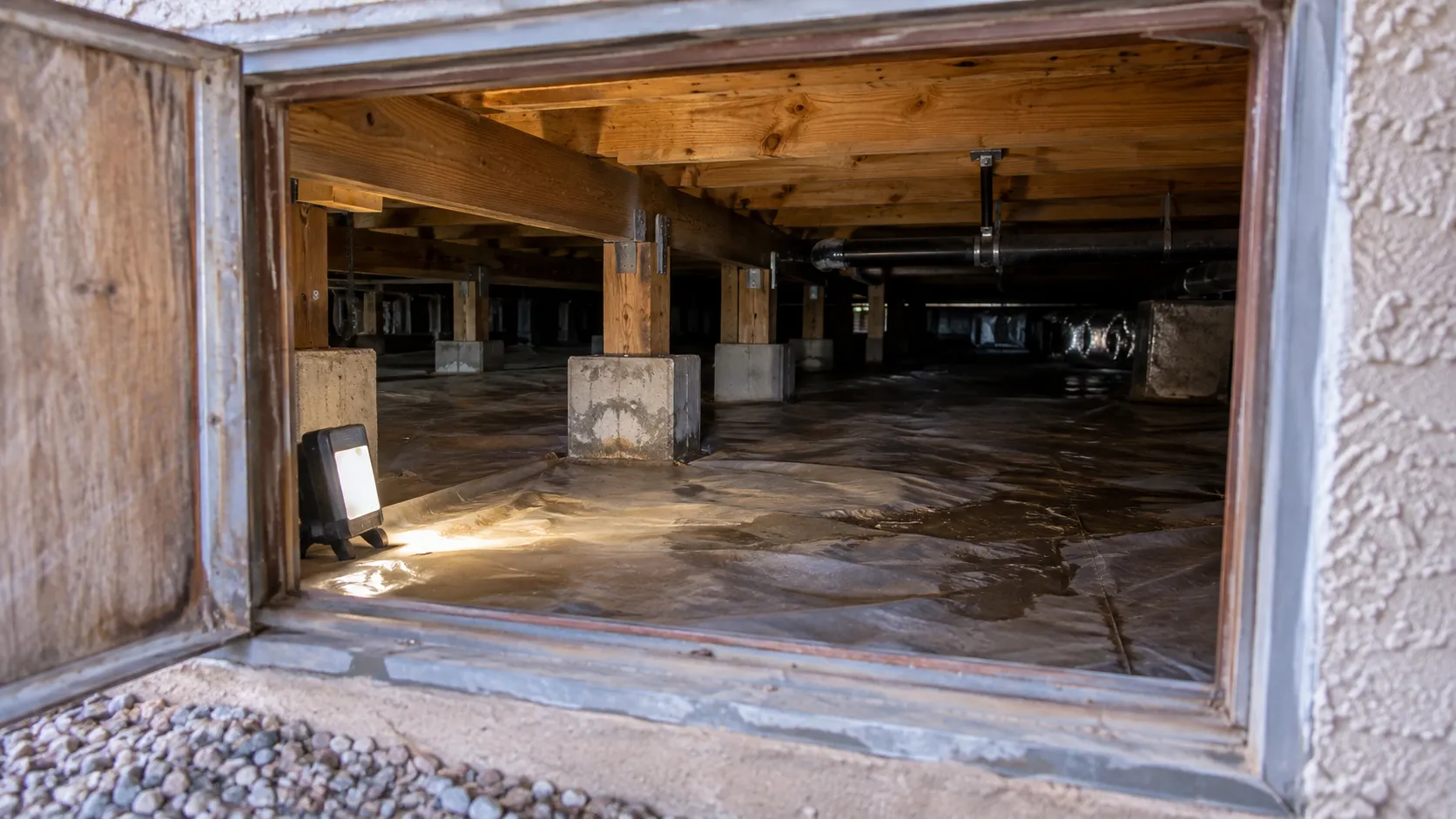 Crawl-space access hatch reveals timber framing, supports and water-stained ground covering. Illustration of Crawl Space Flood Restoration for Gilbert properties.