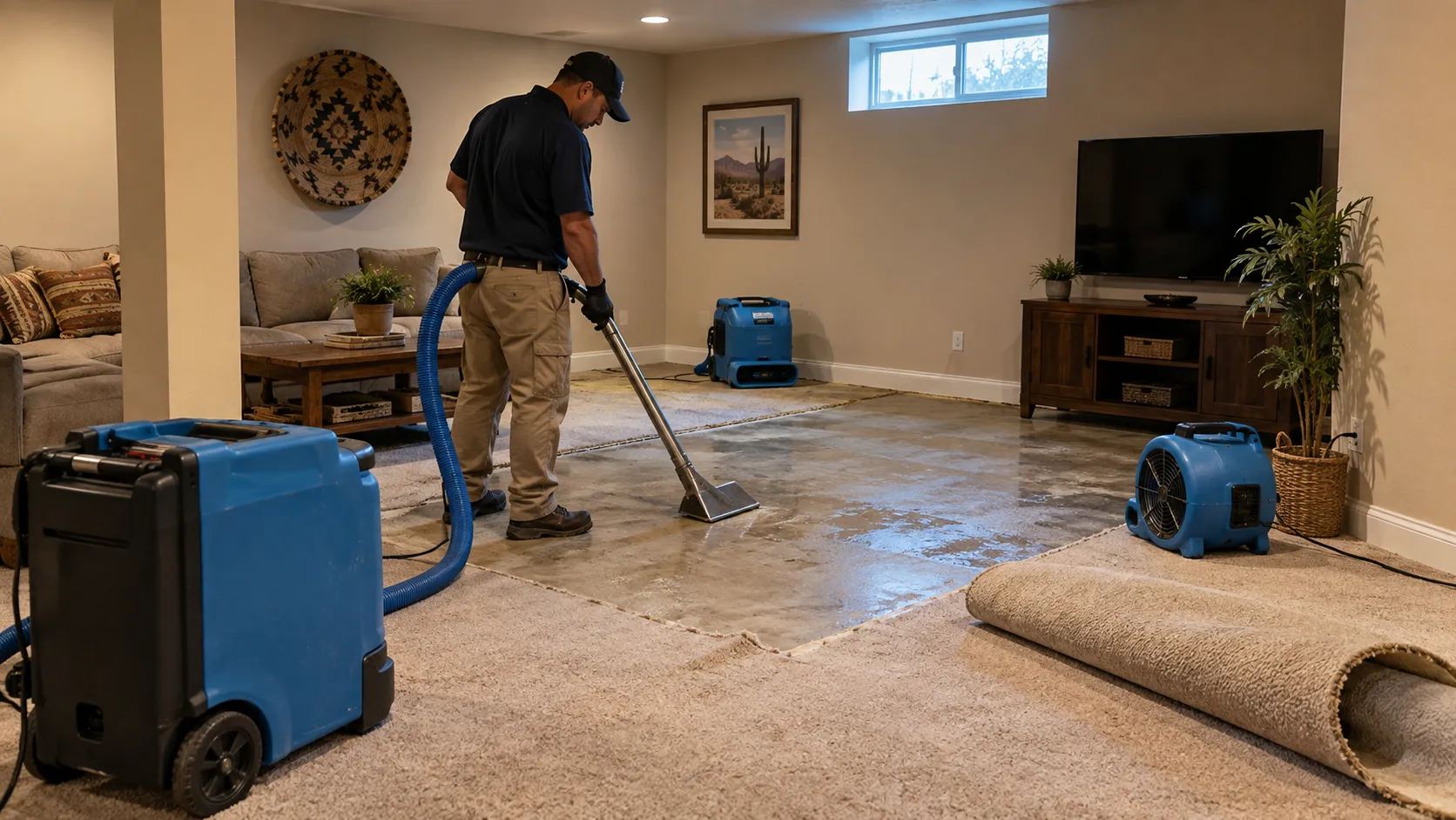 Technician extracts residual water from exposed basement flooring beside rolled-back carpet. Illustration of Basement Flood Restoration for Gilbert properties.