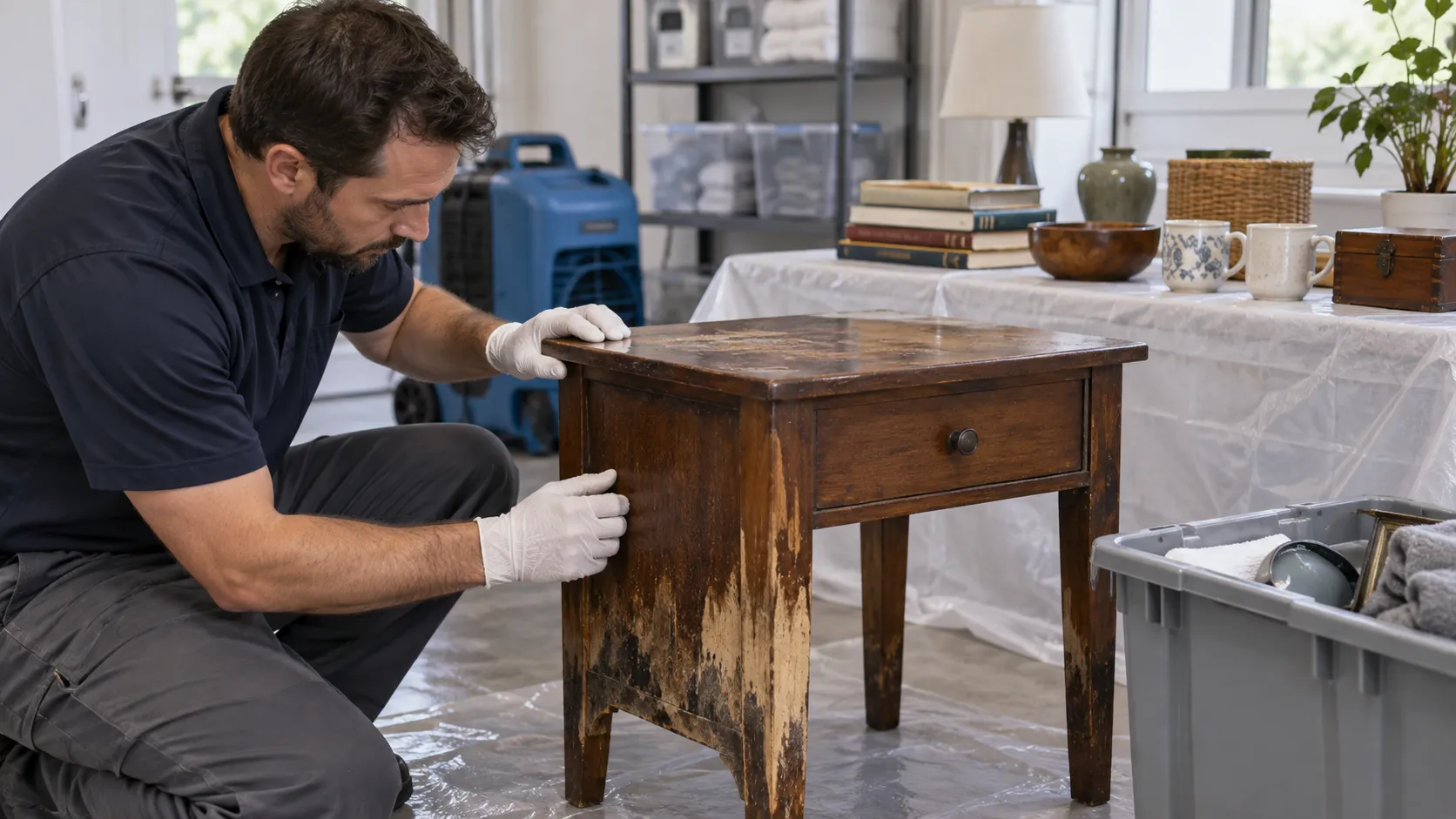 Technician examines a water-damaged wooden side table beside separated household items. Illustration of Contents Drying & Restoration for Gilbert properties.