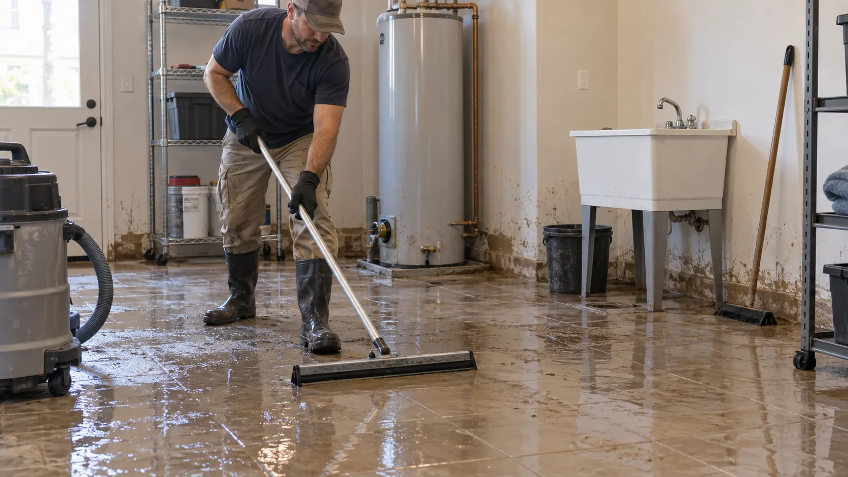 Technician cleans muddy flood residue from a utility-room tile floor. Illustration of Flood Cleanup & Sanitization for Gilbert properties.