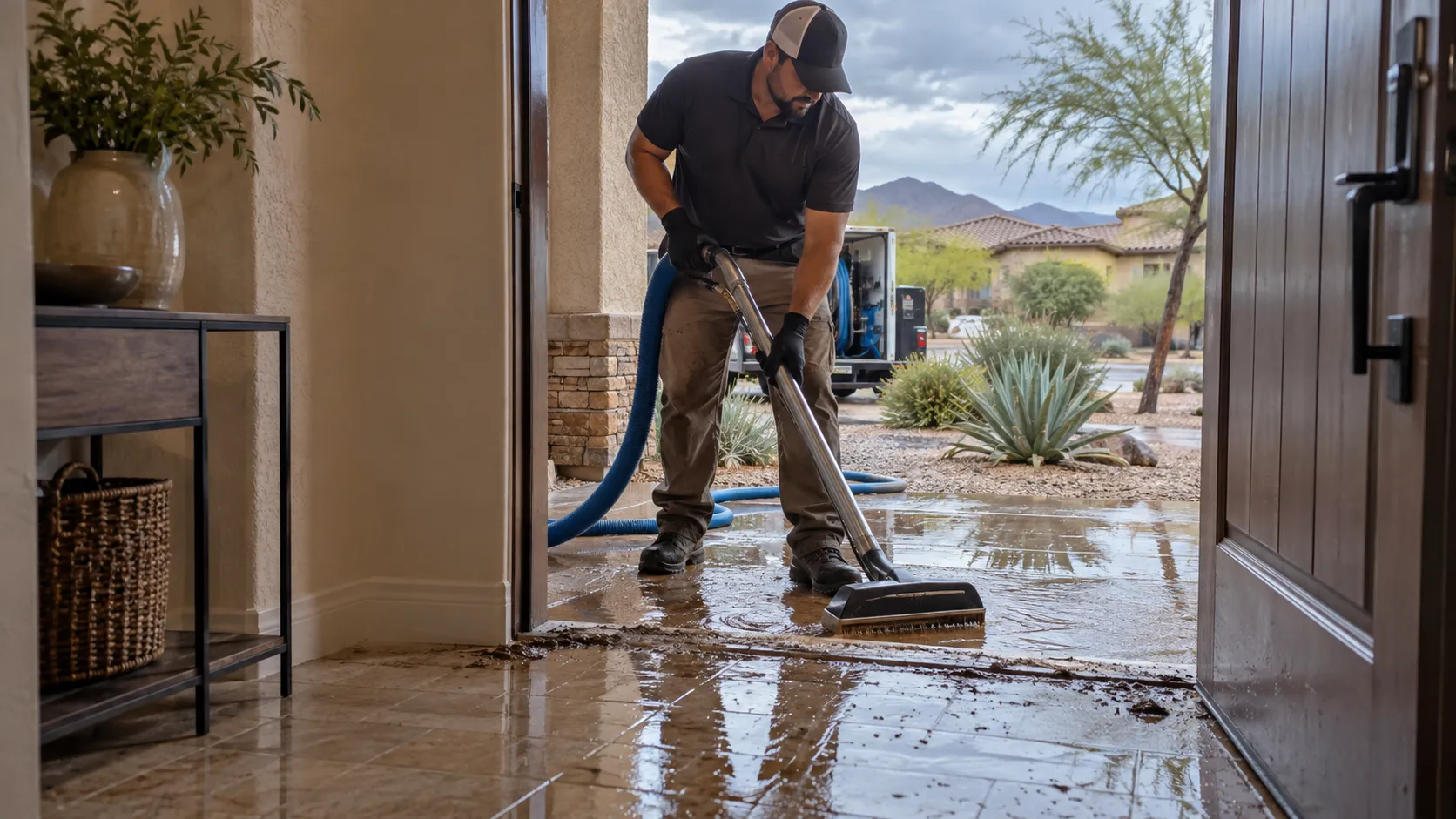 Technician removes muddy water from the entrance of a stucco home after a storm. Illustration of Flash Flood Restoration for Gilbert properties.