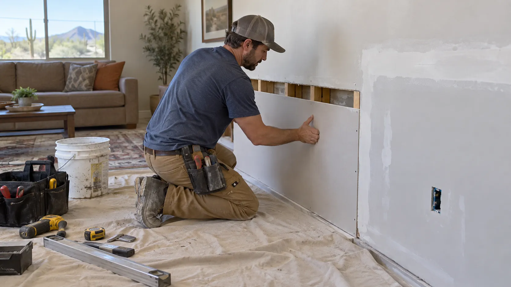 Worker fits replacement drywall into an opened lower wall. Illustration of Flood Damage Reconstruction for Phoenix properties.