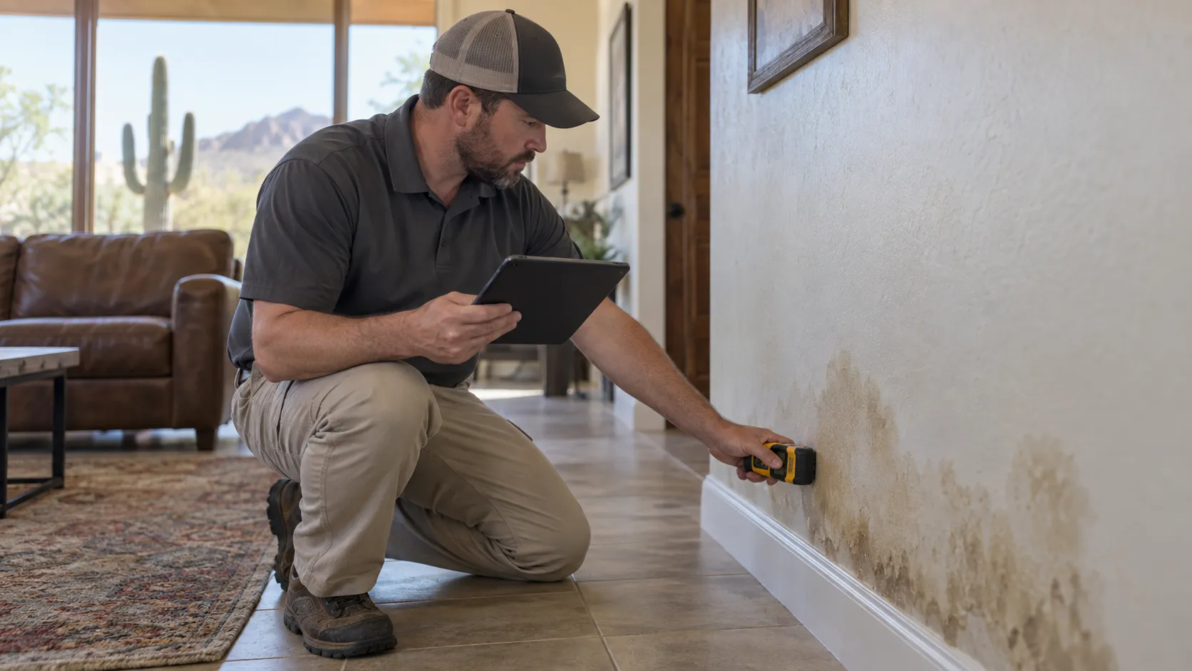 Assessor checks a stained lower wall with a moisture meter while holding a tablet. Illustration of Flood Damage Assessment for Gilbert properties.