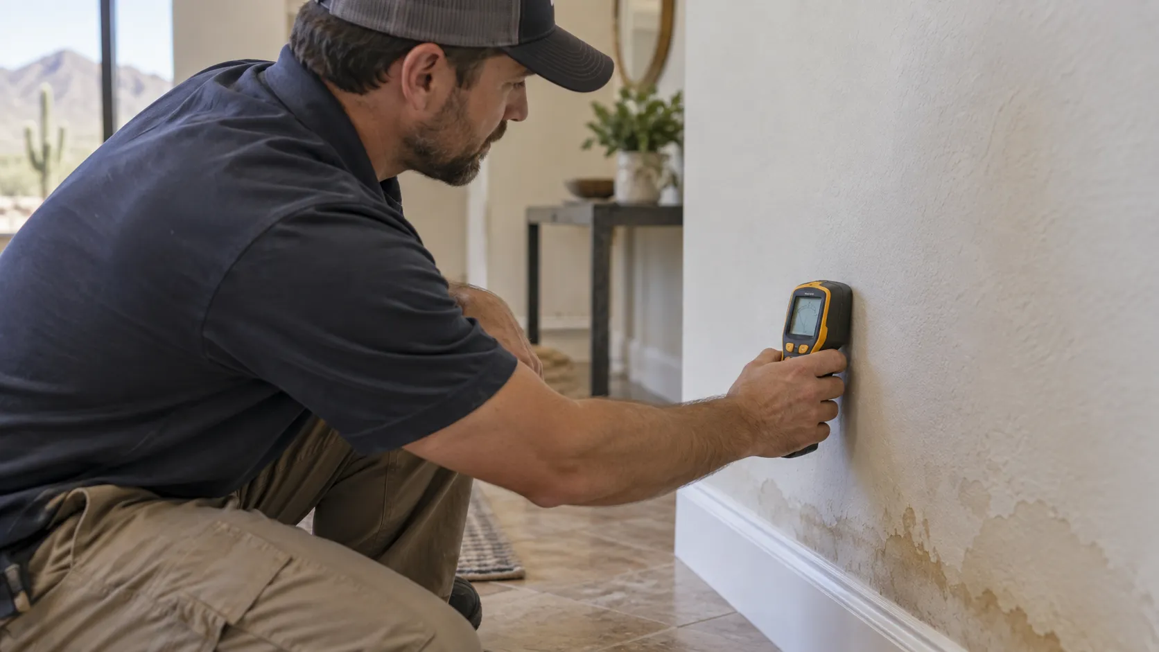 Technician uses a handheld moisture meter against a water-marked interior wall. Illustration of Moisture Detection & Mapping for Gilbert properties.