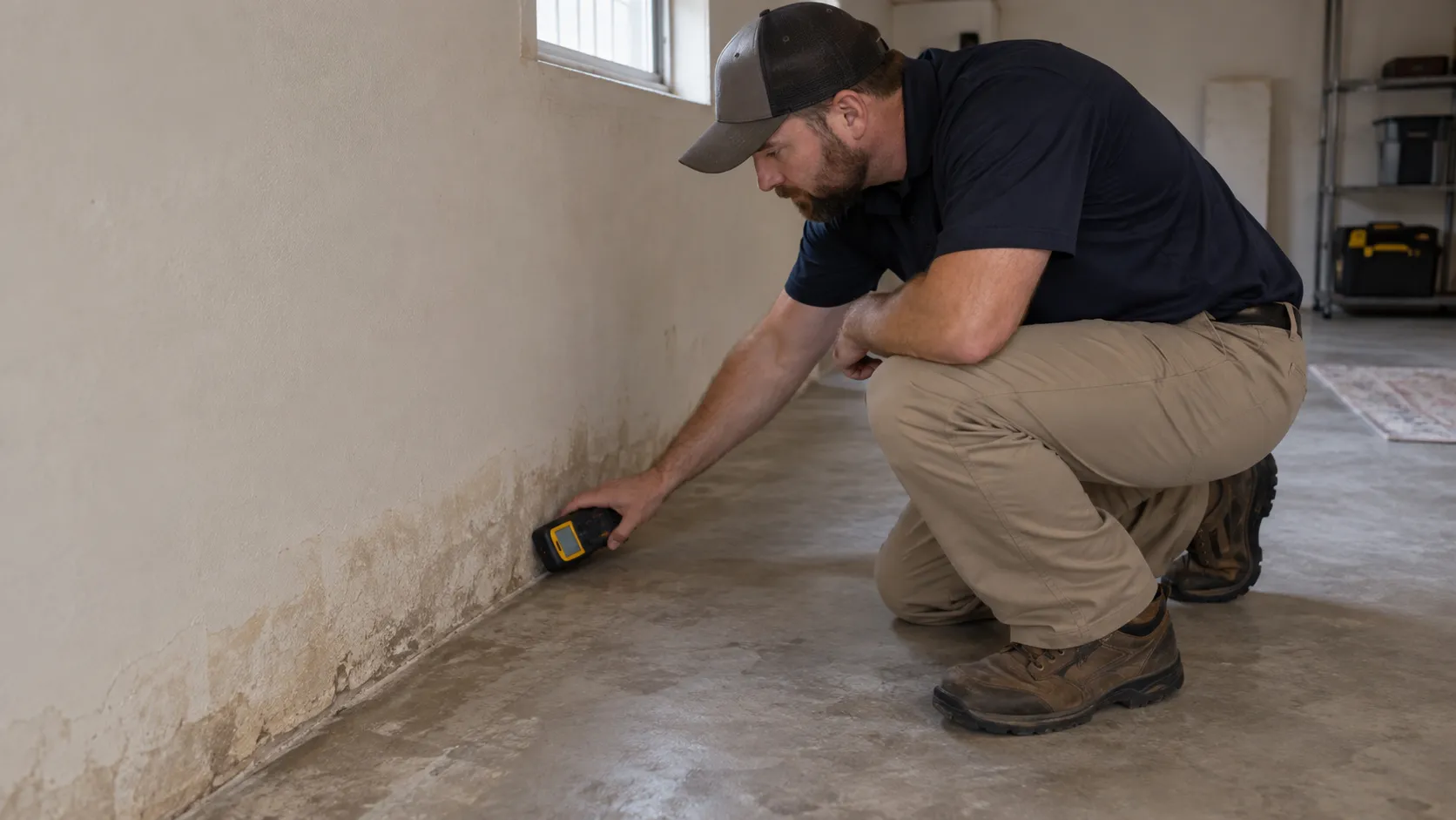 Technician checks moisture at a stained floor-wall junction in a lower-level room. Illustration of Groundwater Flood Restoration for Gilbert properties.