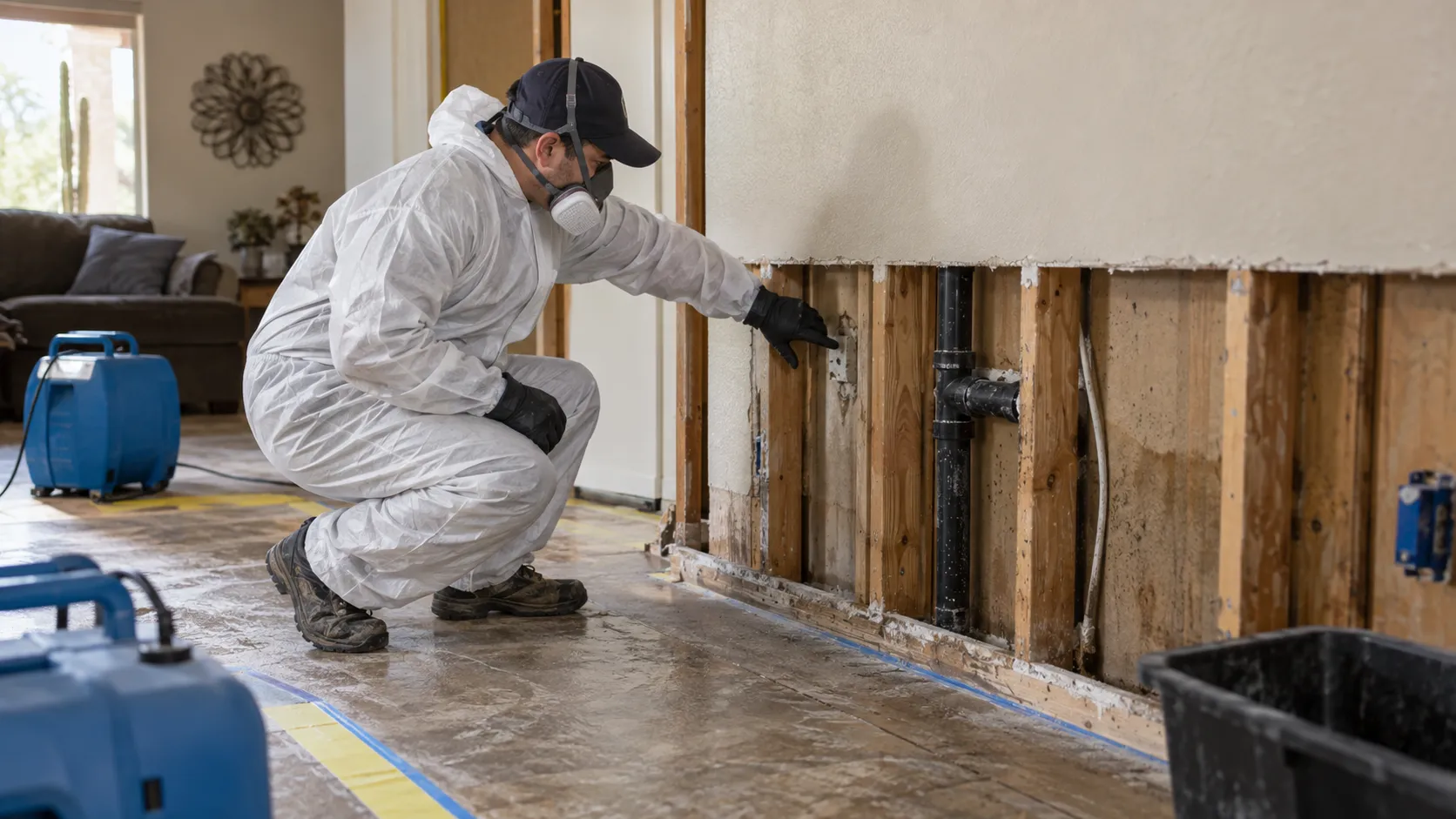 Technician in protective clothing examines exposed lower-wall framing. Illustration of Flood Damage Remediation for Gilbert properties.