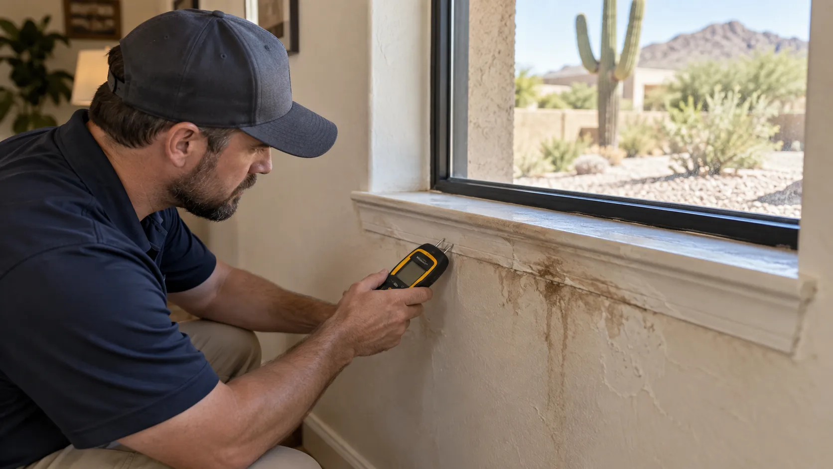 Technician checks water-stained trim beneath a window with a moisture meter. Illustration of Rainwater Intrusion Restoration for Gilbert properties.