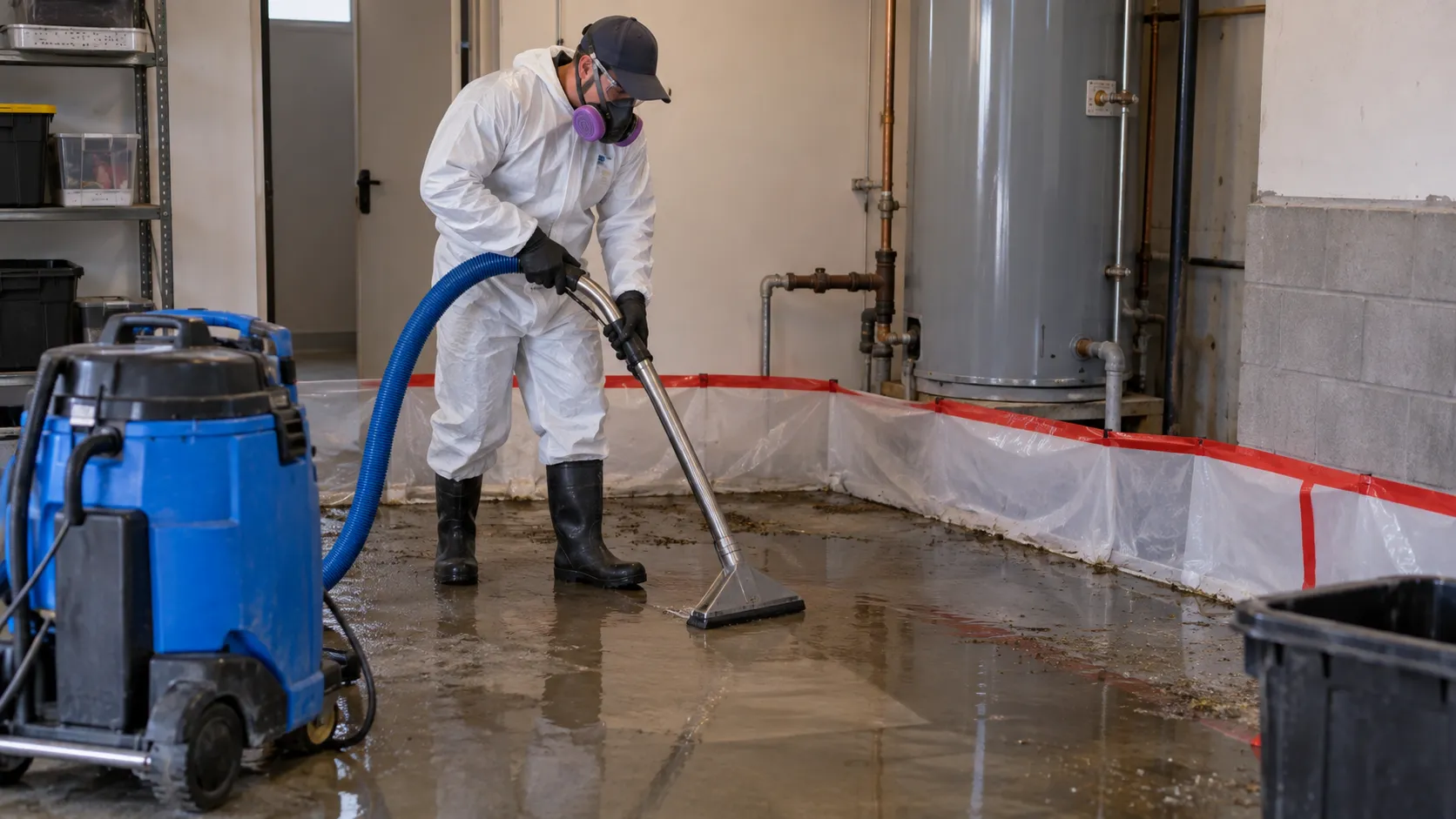 Technician in protective clothing extracts dirty water from a contained utility-room work area. Illustration of Sewage & Contaminated Flood Cleanup for Phoenix properties.
