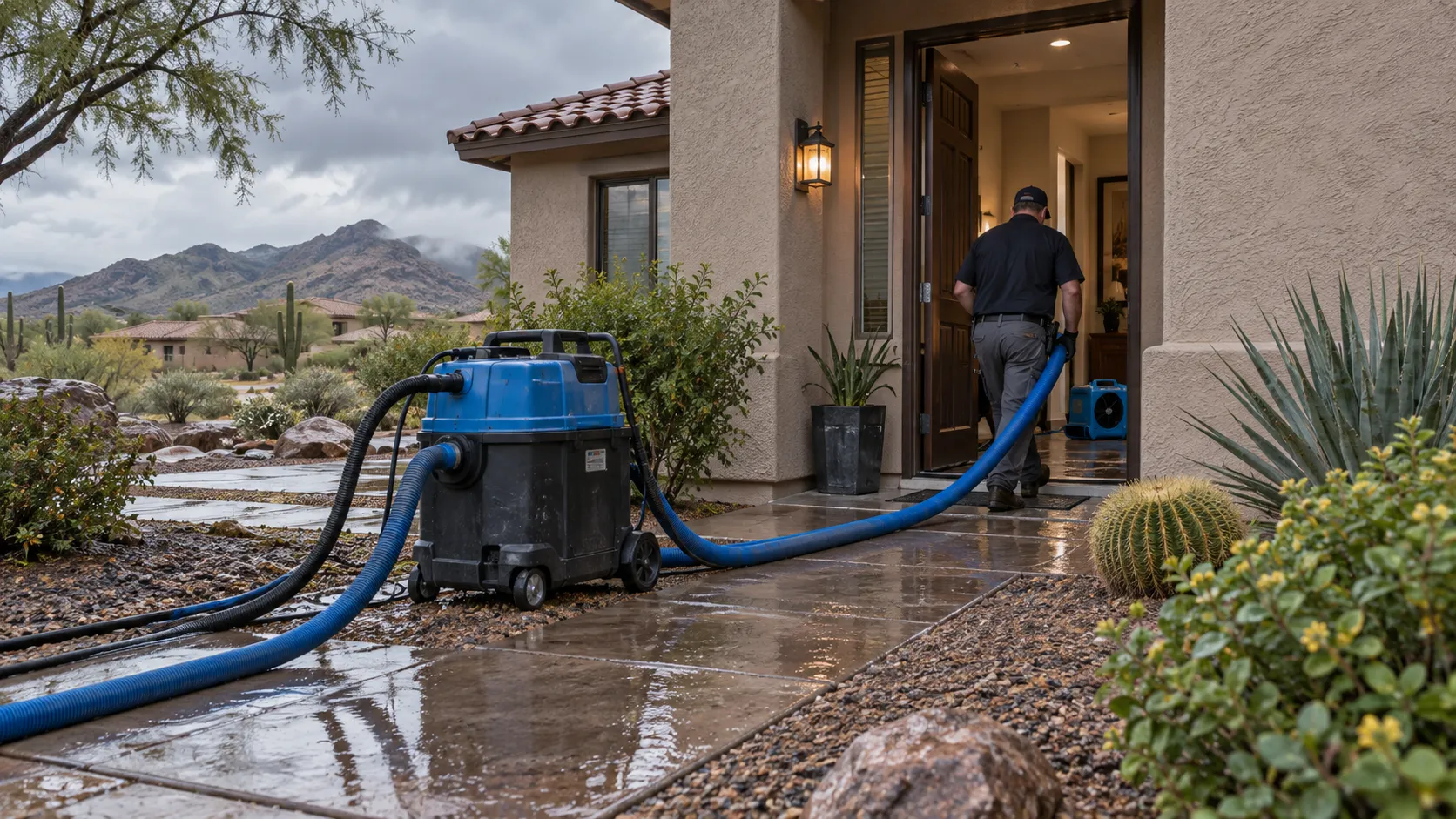 Extraction hose leads into a stucco home with wet desert landscaping after a monsoon. Illustration of Monsoon Flood Restoration for Phoenix properties.