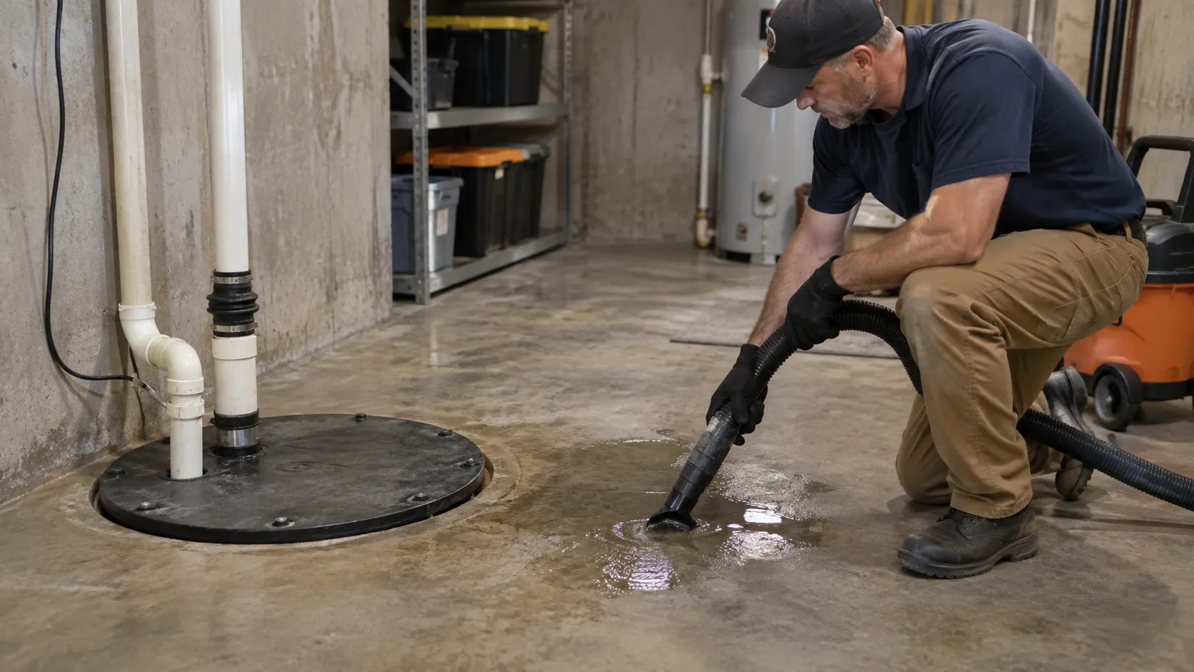 Technician removes residual water beside a covered sump basin. Illustration of Sump Pump Failure Flood Cleanup for Gilbert properties.