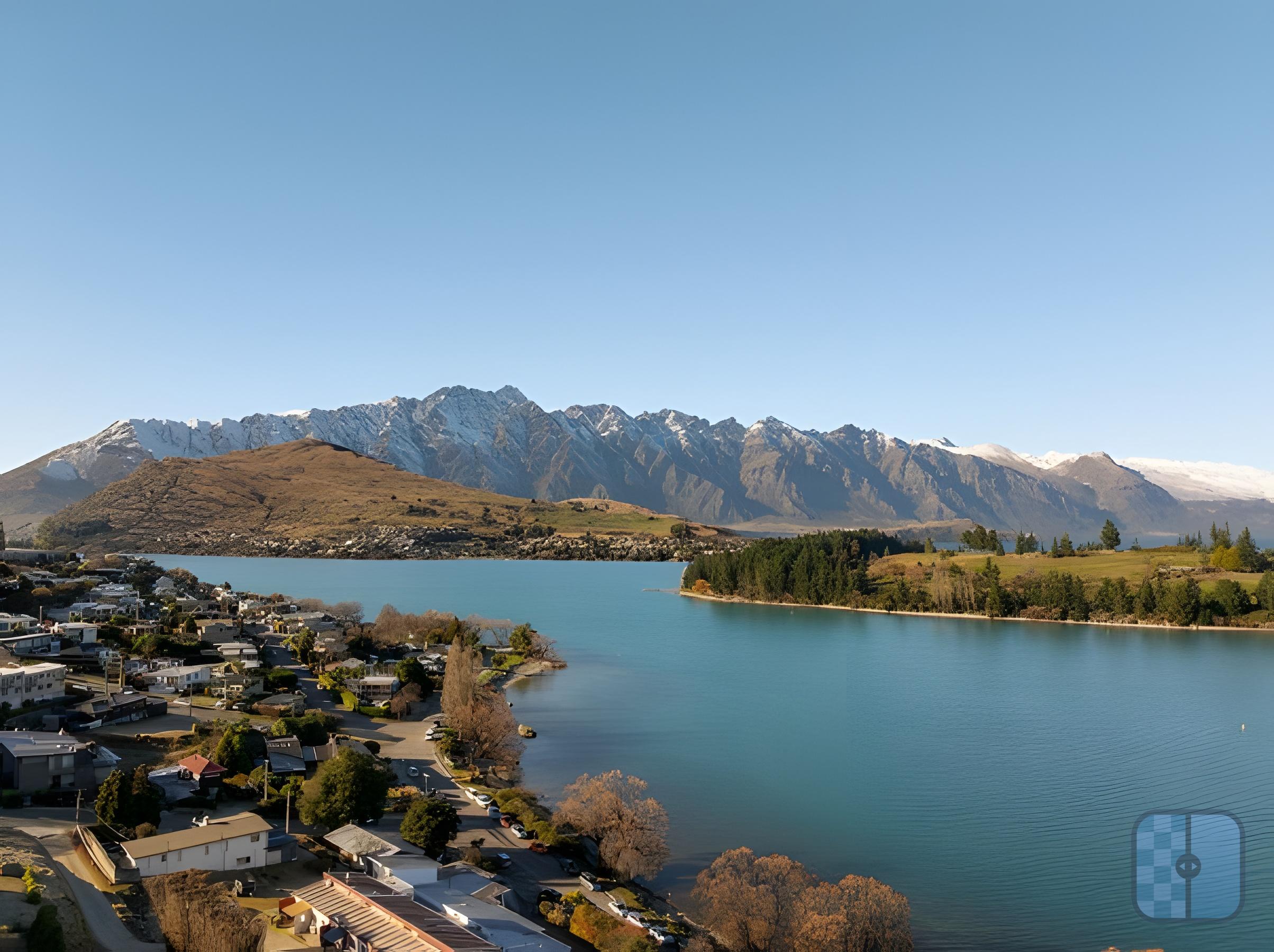 Aerial view of Queenstown homes beside Lake Wakatipu with The Remarkables behind