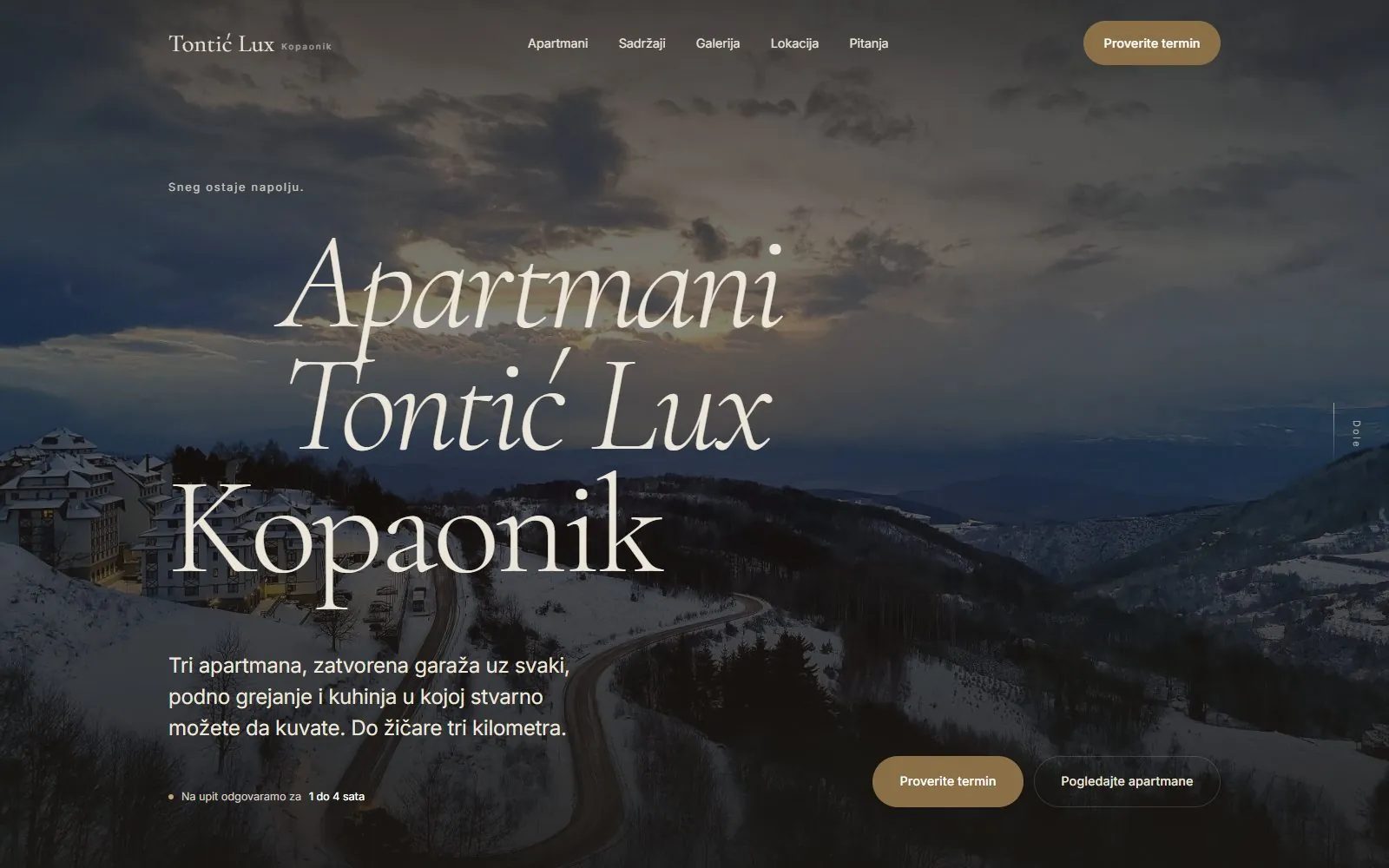 Tontić Lux website, home page with a winter view of Kopaonik
