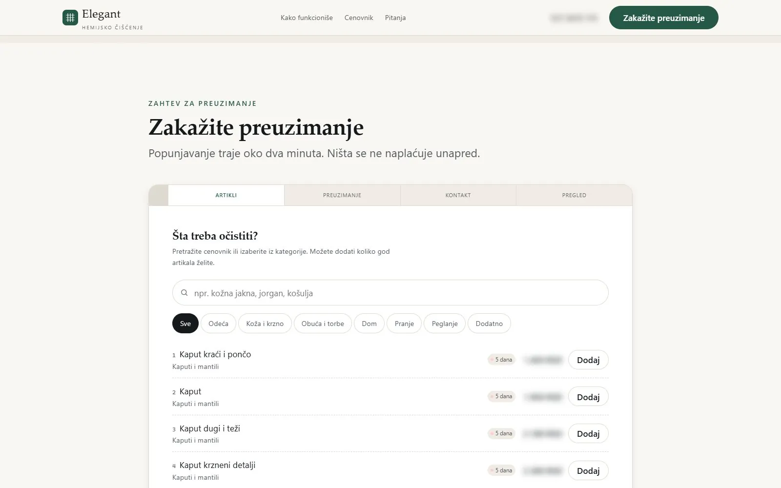 Elegant order form, step one: a searchable price list with turnaround badges, prices blurred
