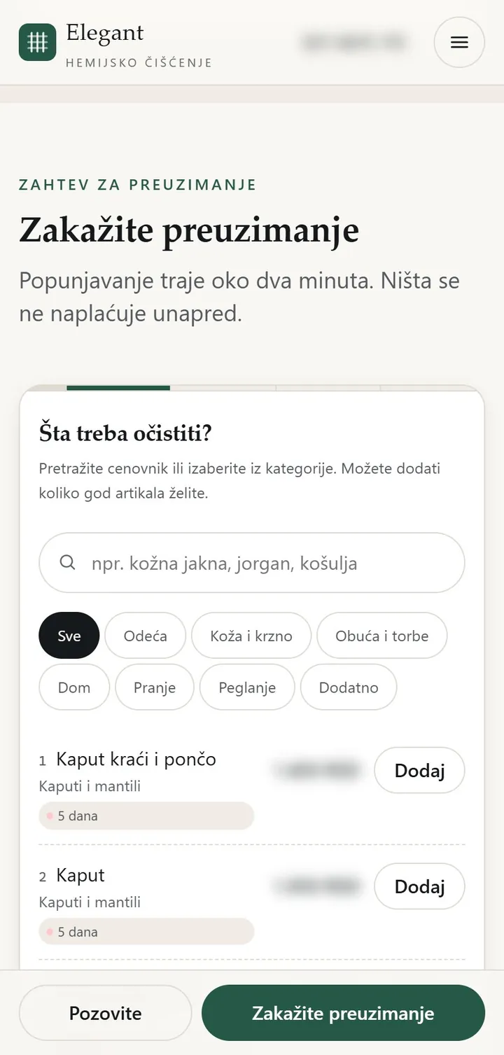 Elegant order form on a phone, prices blurred