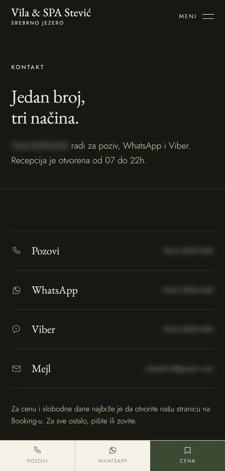 Vila & SPA Stević contact page on a phone, numbers blurred