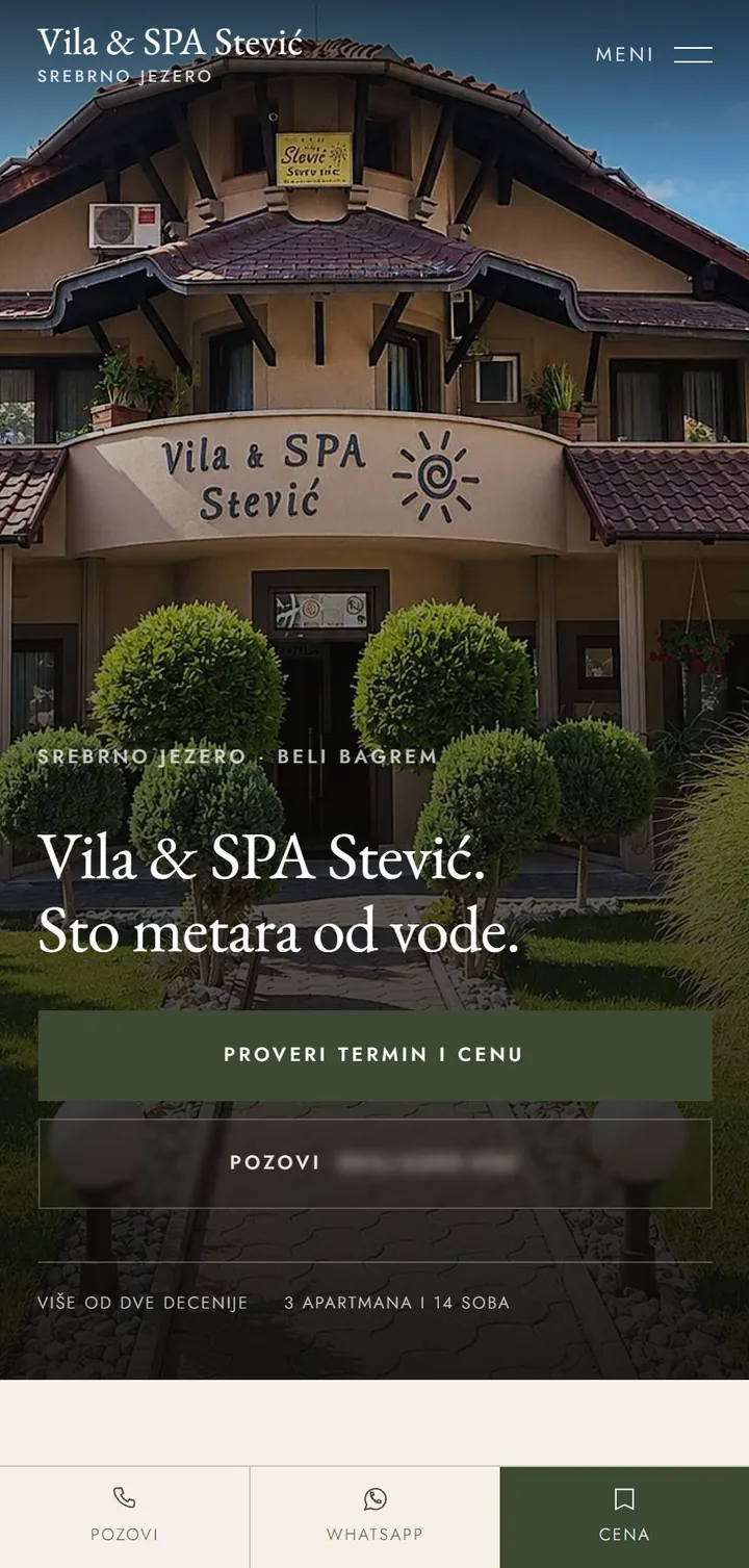 Vila & SPA Stević home page on a phone