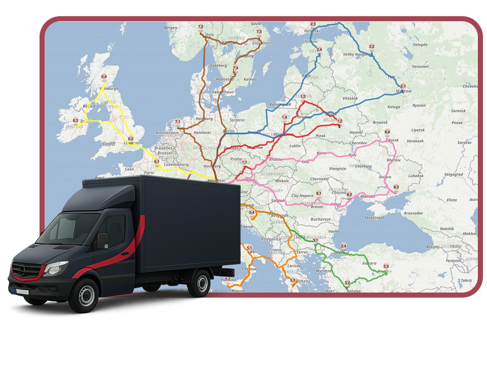 Schematische Karte eines Liefertags mit einem Depot, 36 Stopps und drei berechneten Touren