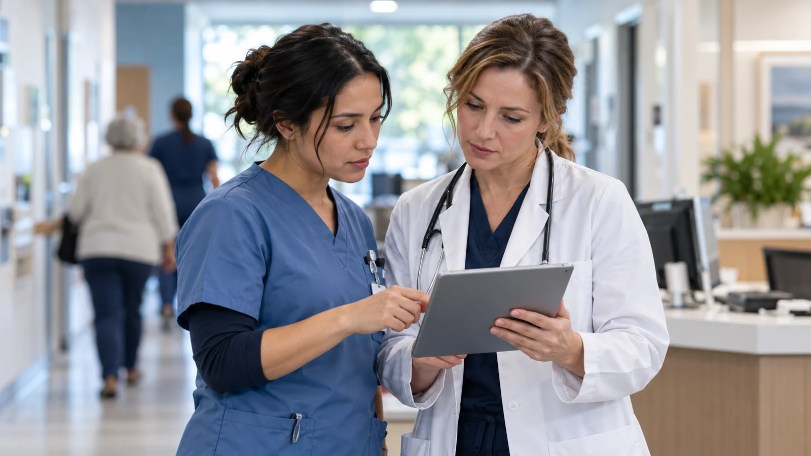 A medical assistant and clinician coordinating work at an ambulatory clinic workstation.