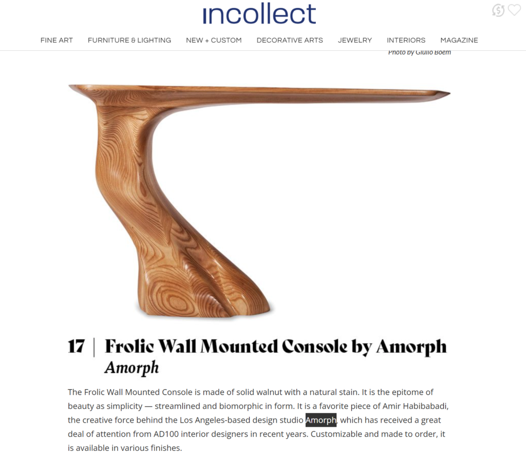 Sculptural console table Frolic featured in Incollect magazine