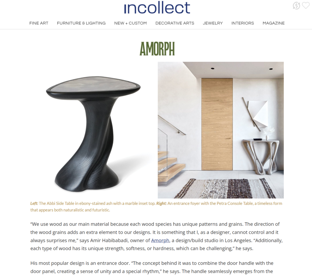 Organic side table Abbi and sculptural console featured on Incollect magazine