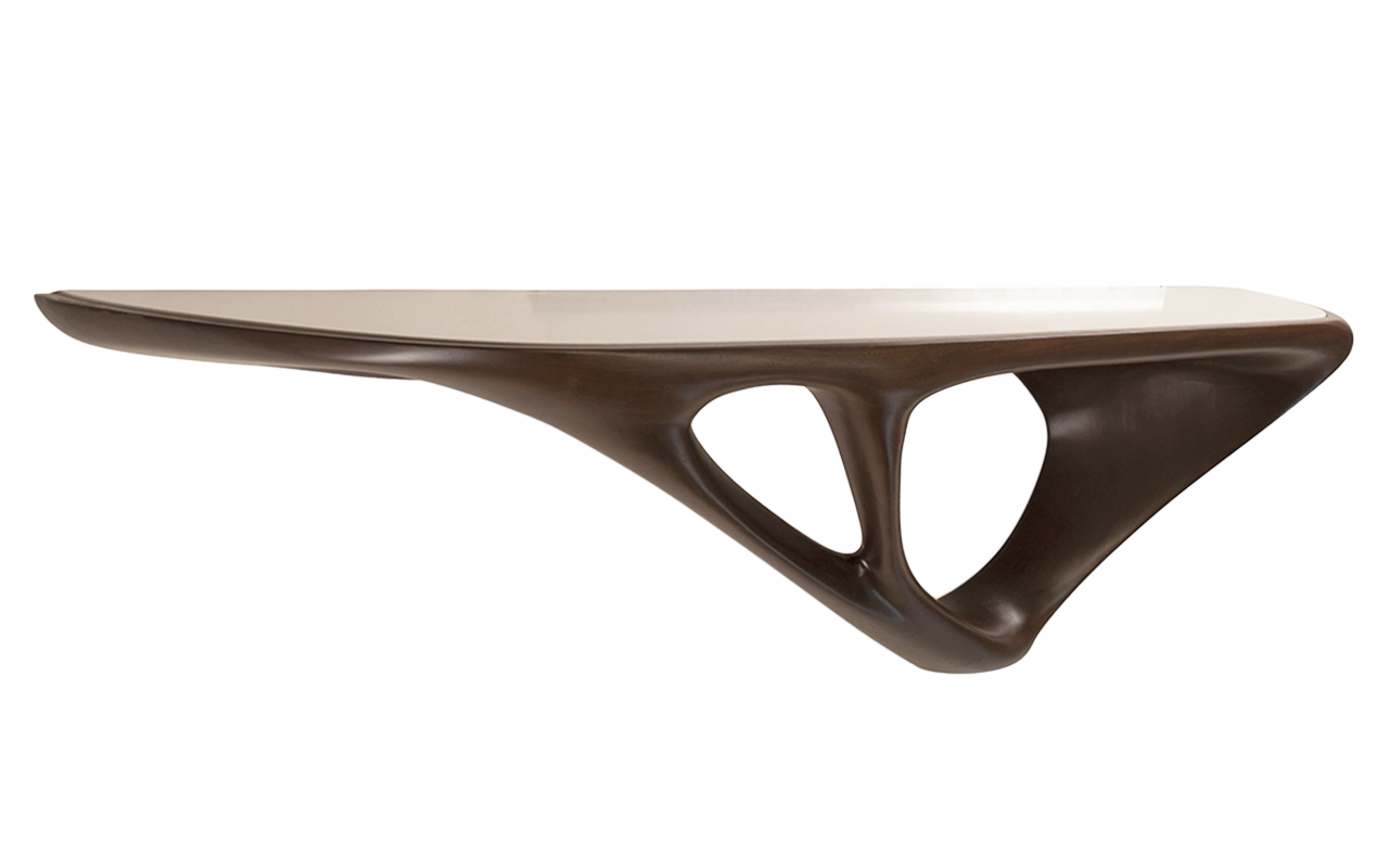 Sculptural solid wood wall mounted console Una by Amorph Studio